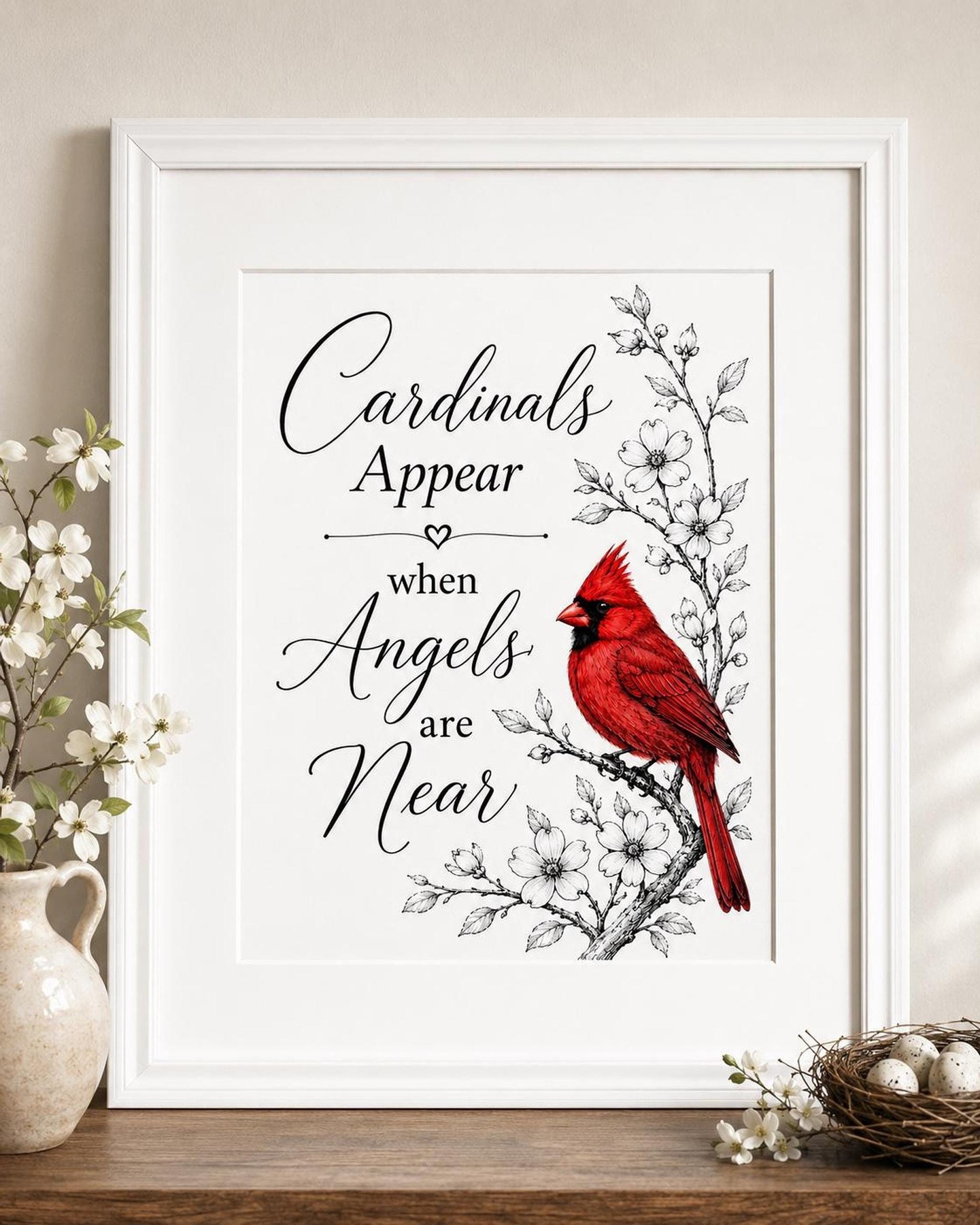 Cardinal Print, Red Bird Memorial Wall Art With Angel Quote, detail 5