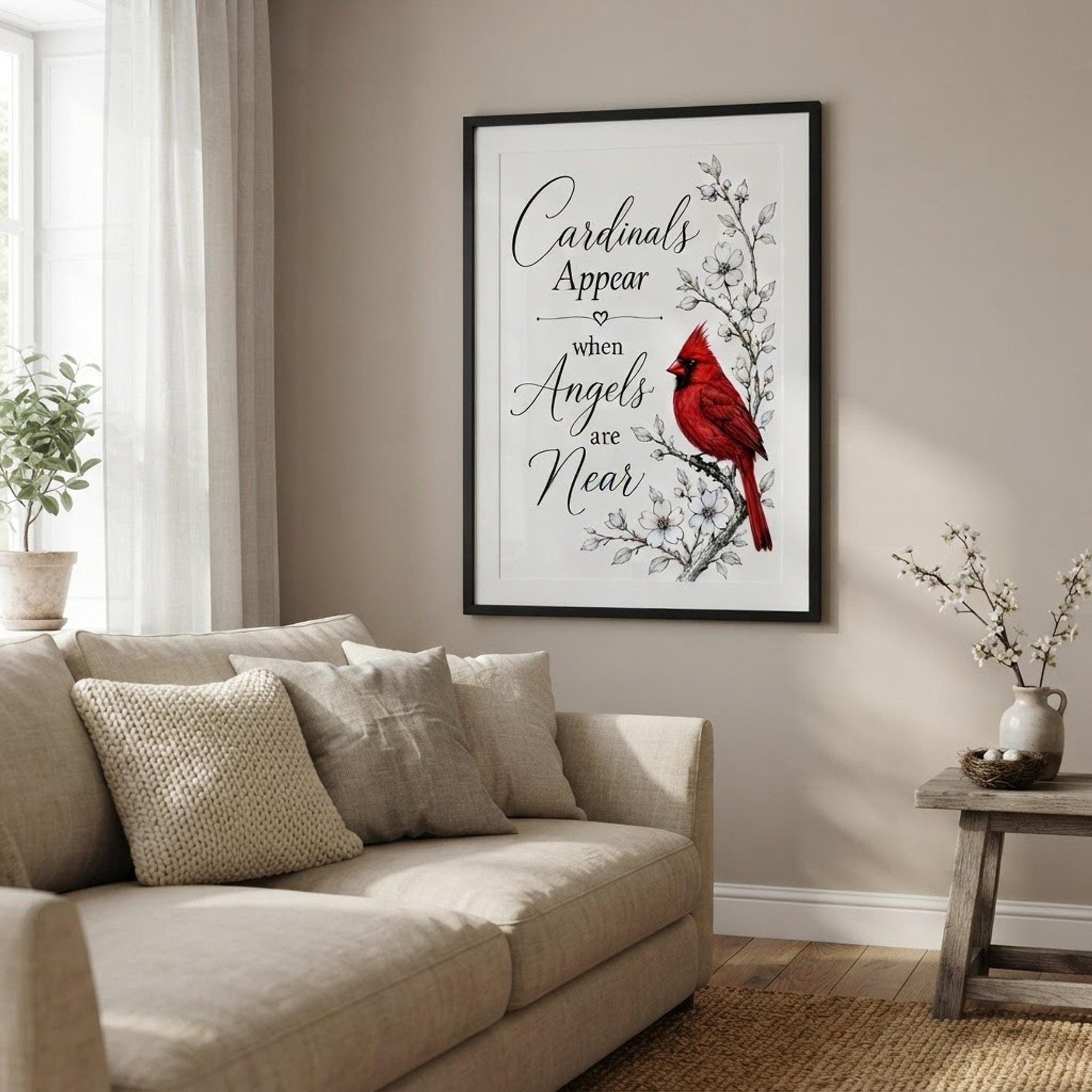 Cardinal Print, Red Bird Memorial Wall Art With Angel Quote, detail 6