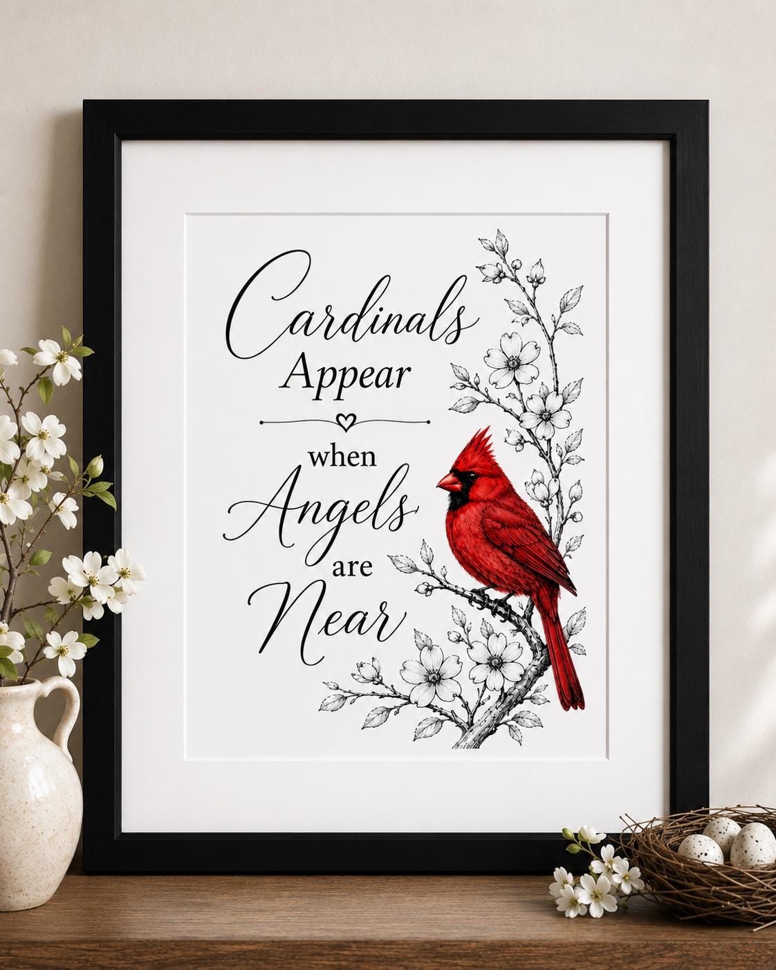 Cardinal Print, Red Bird Memorial Wall Art With Angel Quote, detail 7