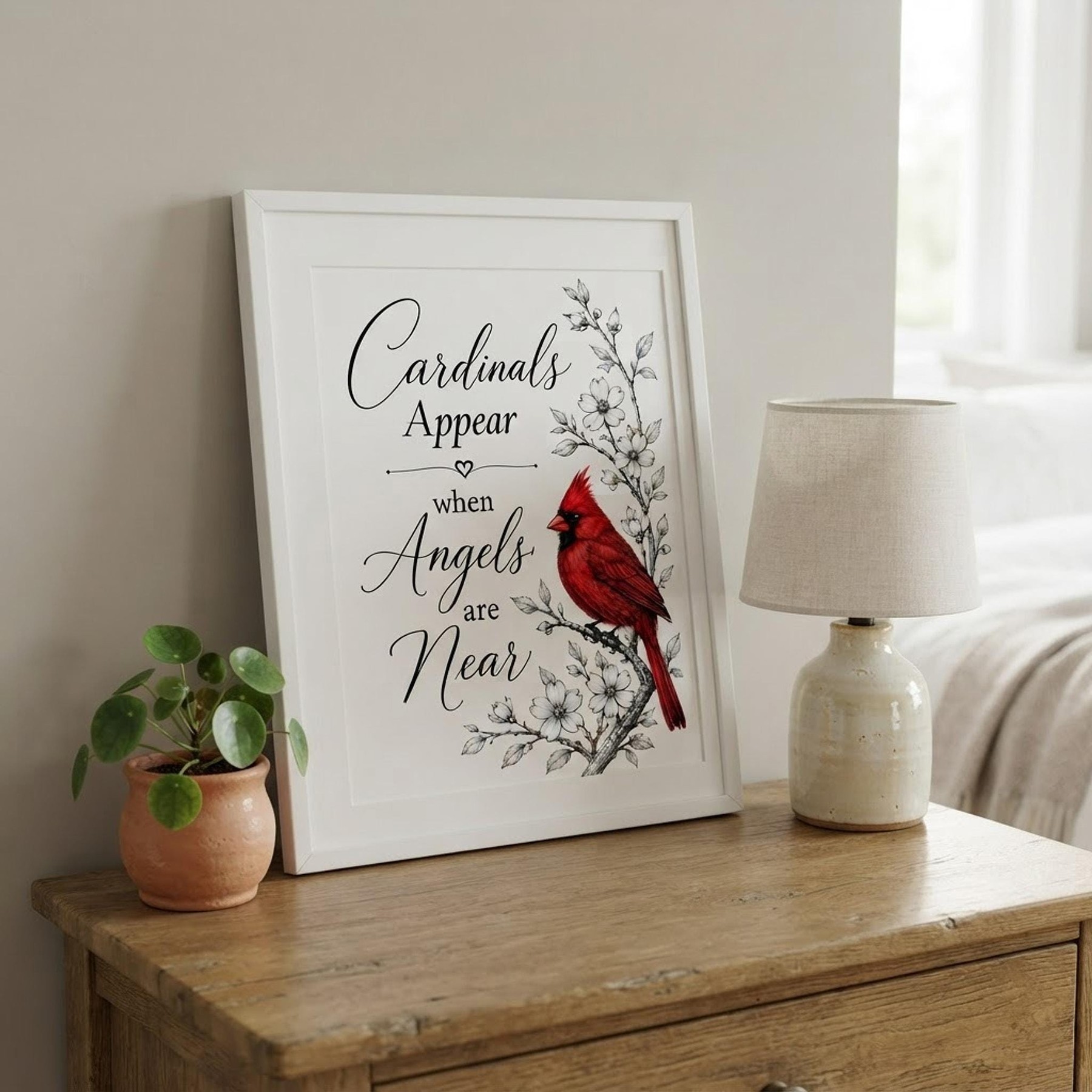 Cardinal Print, Red Bird Memorial Wall Art With Angel Quote, detail 9