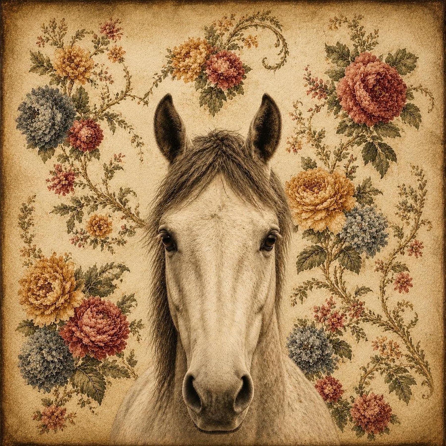 Horse Wall Art Print, Vintage Cottagecore Design with Floral Wallpaper