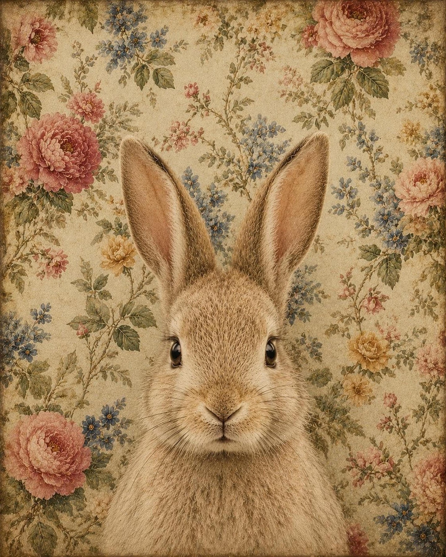 Bunny Wall Art, Vintage Floral Rabbit Print for Cozy Decor