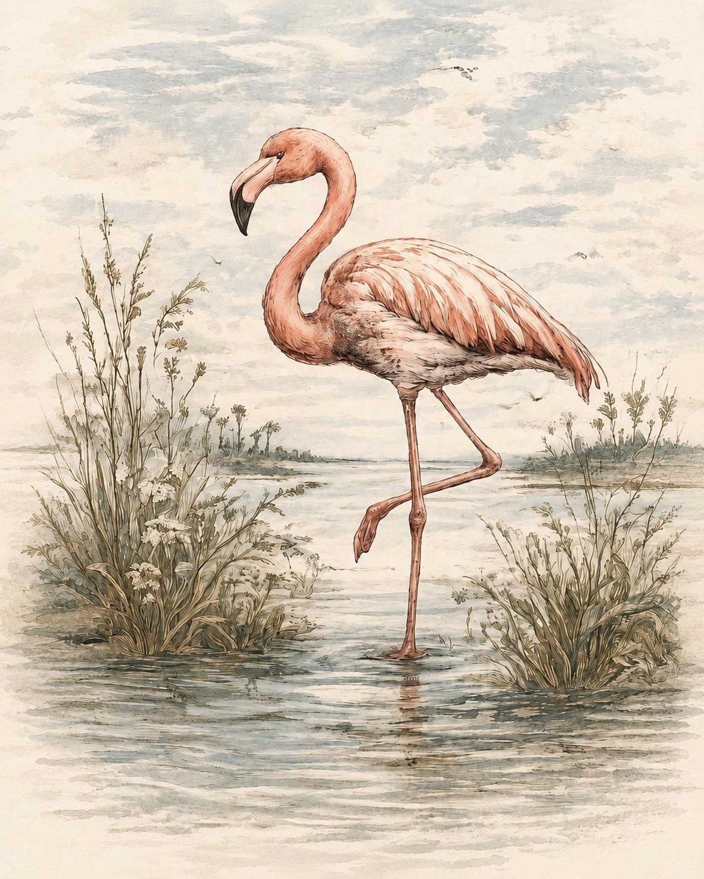 Vintage Flamingo Wall Art Print, Old Florida Coastal Decor