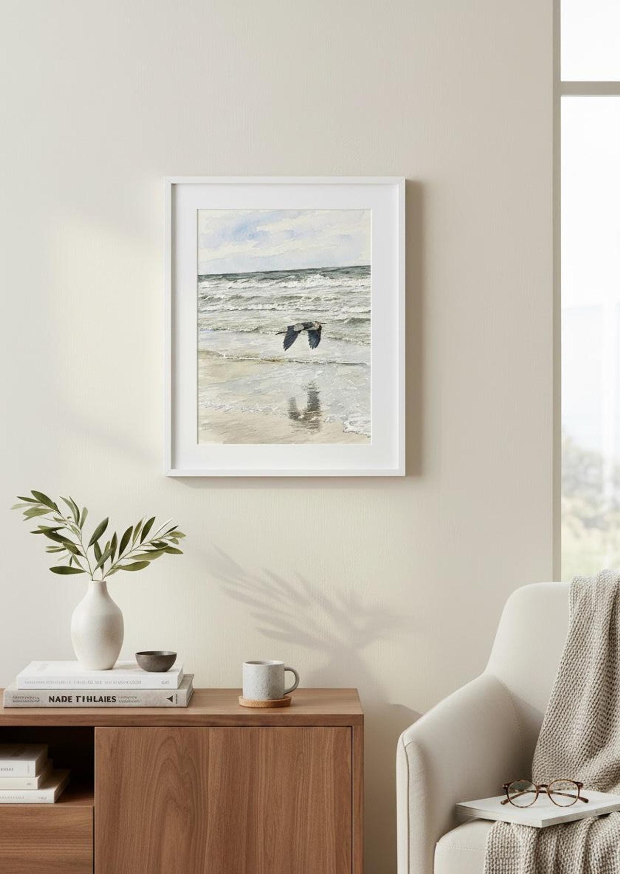 Heron Wall Art, Watercolor Print of Great Blue Flying, detail 3