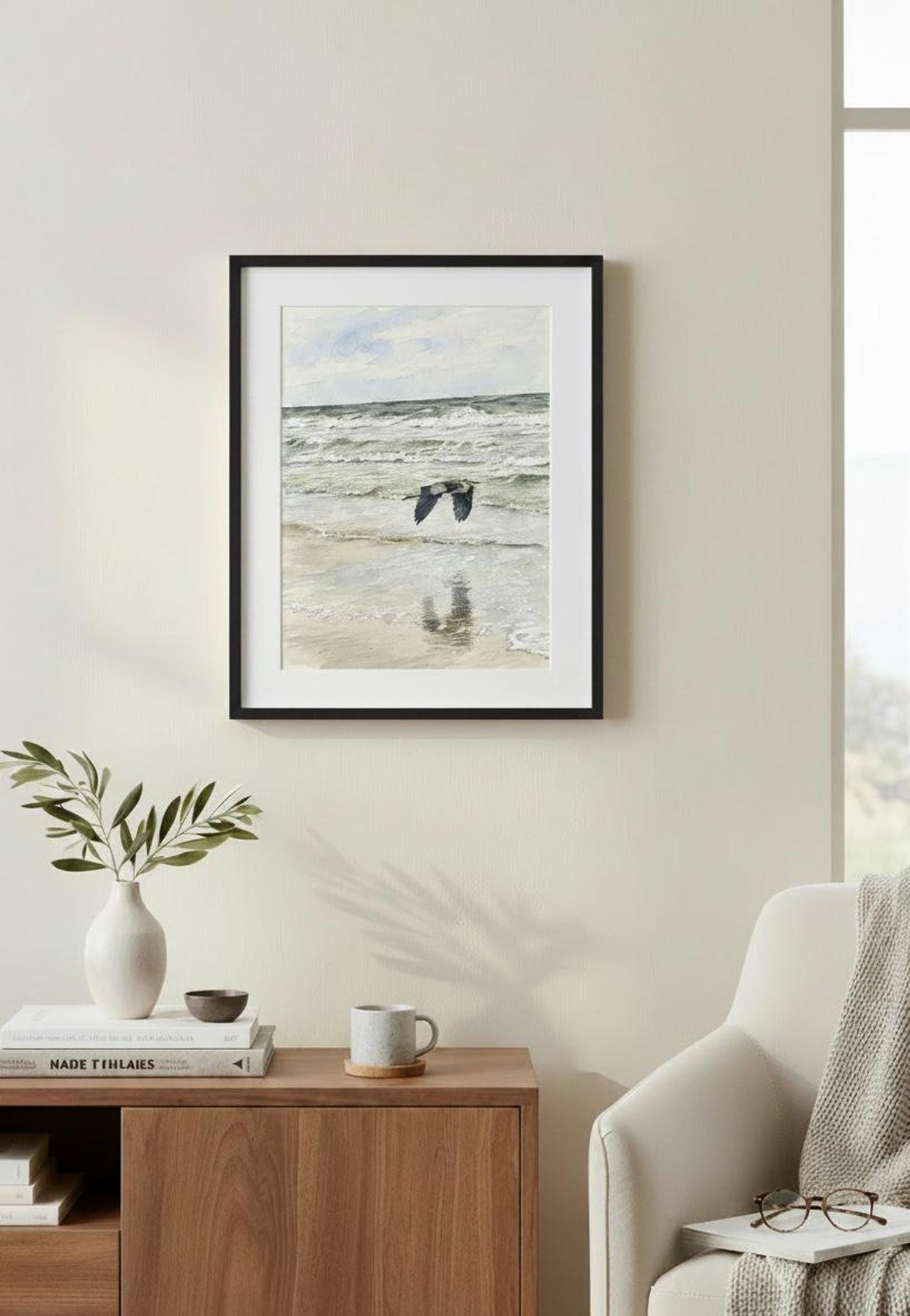 Heron Wall Art, Watercolor Print of Great Blue Flying, detail 4