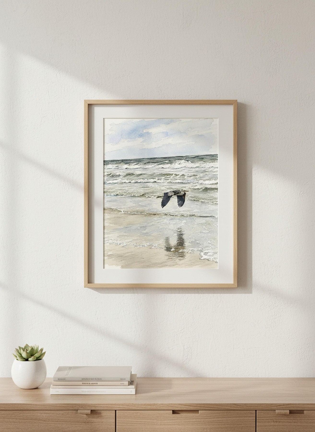 Heron Wall Art, Watercolor Print of Great Blue Flying, detail 5