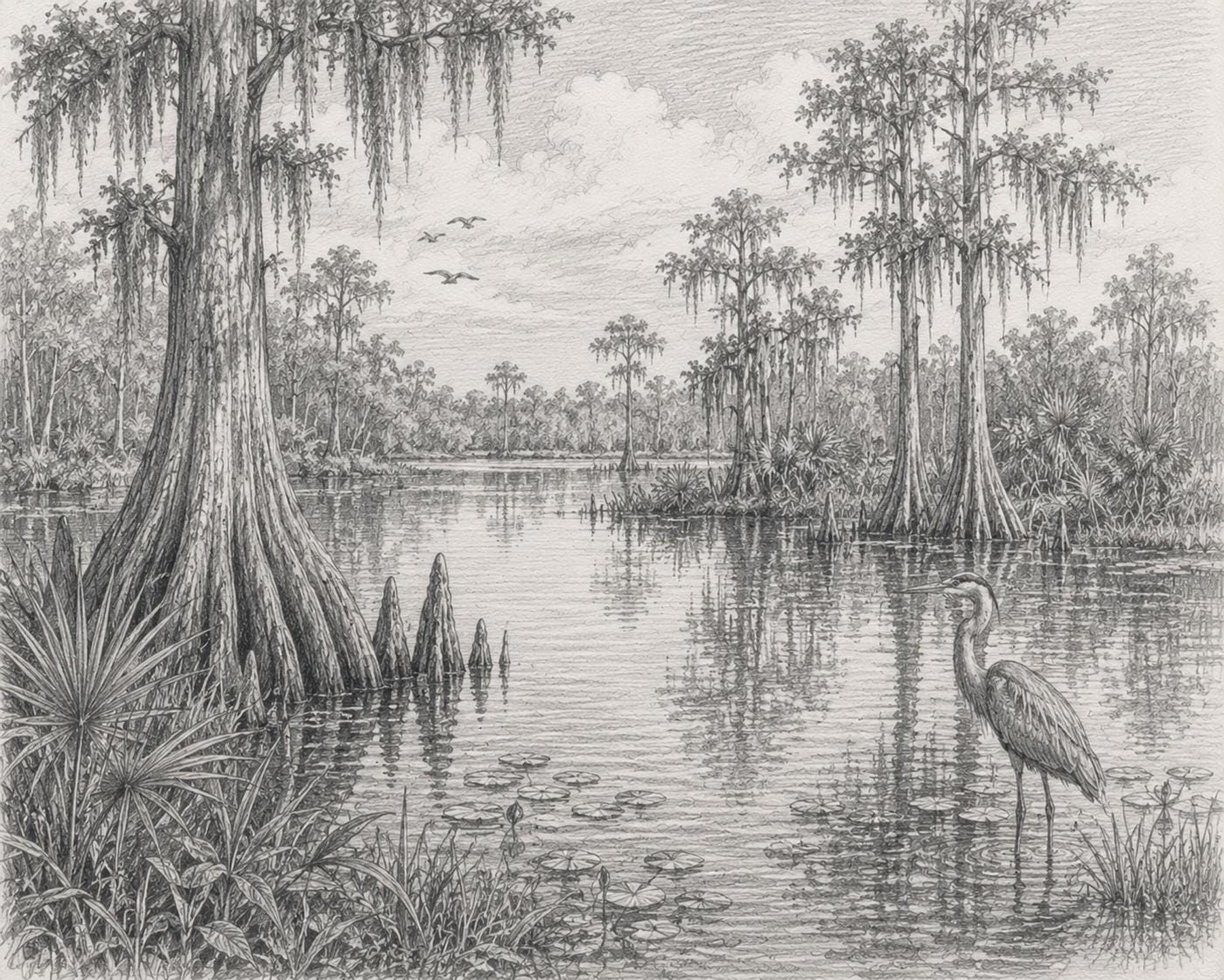 Florida Wetlands Art Print, Vintage Coastal Sketch of Marshes