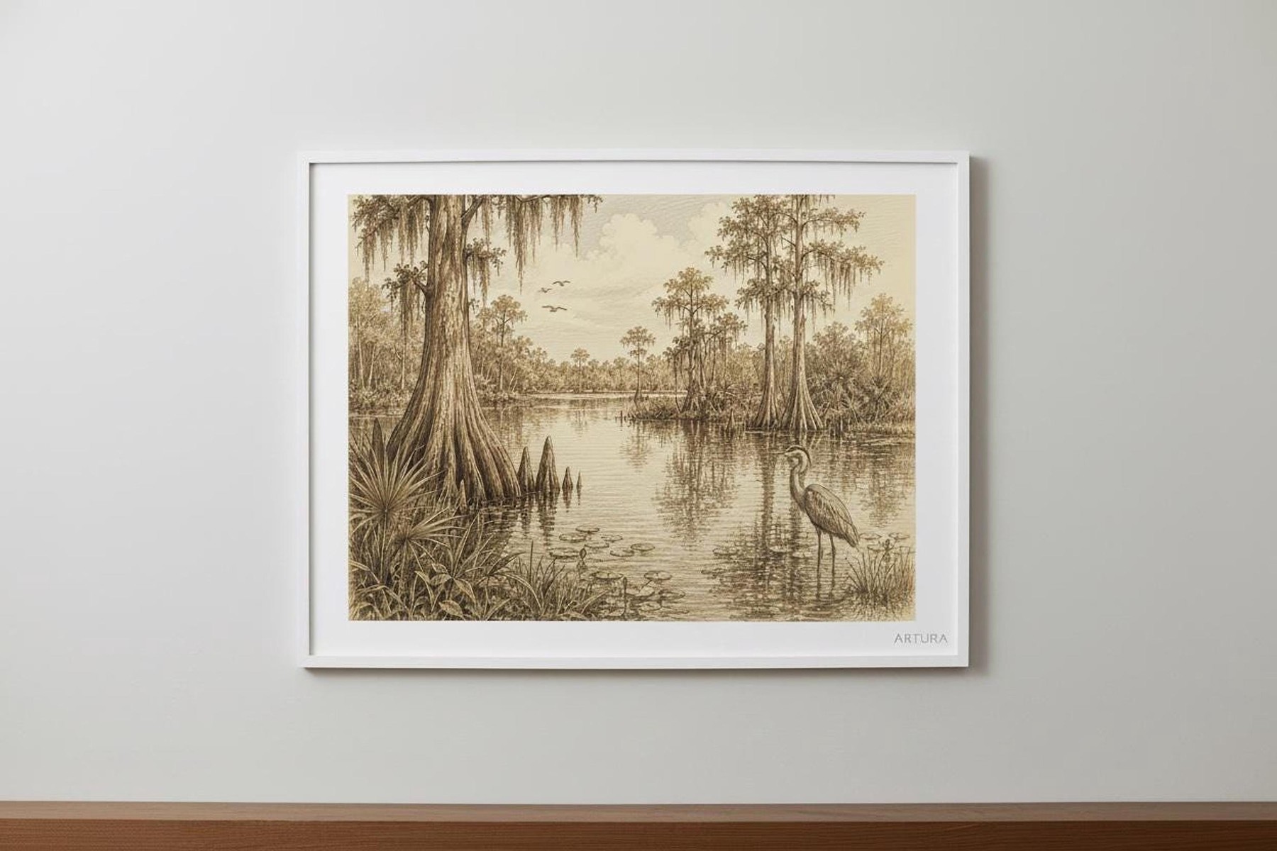 Florida Wetlands Art Print, Vintage Coastal Sketch of Marshes, detail 4