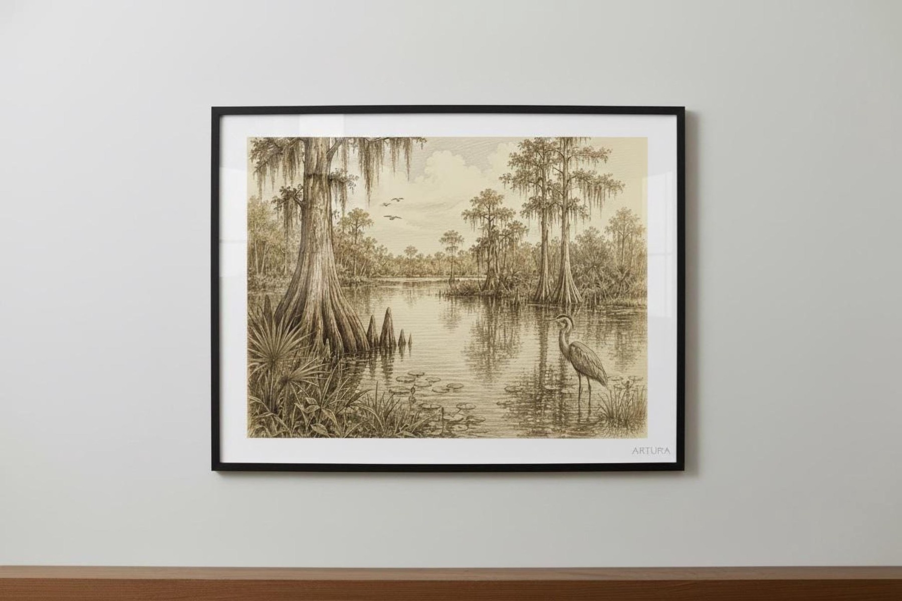 Florida Wetlands Art Print, Vintage Coastal Sketch of Marshes, detail 6