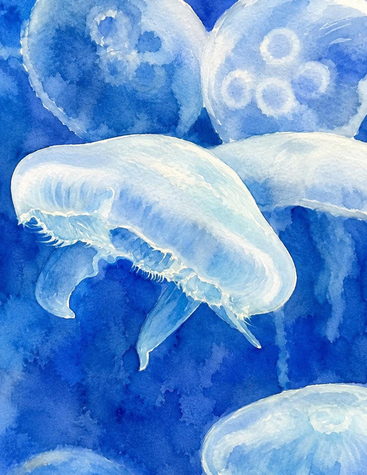 Ocean Lover Art, Blue Jellyfish Watercolor Print on Archival Matte Linen Paper