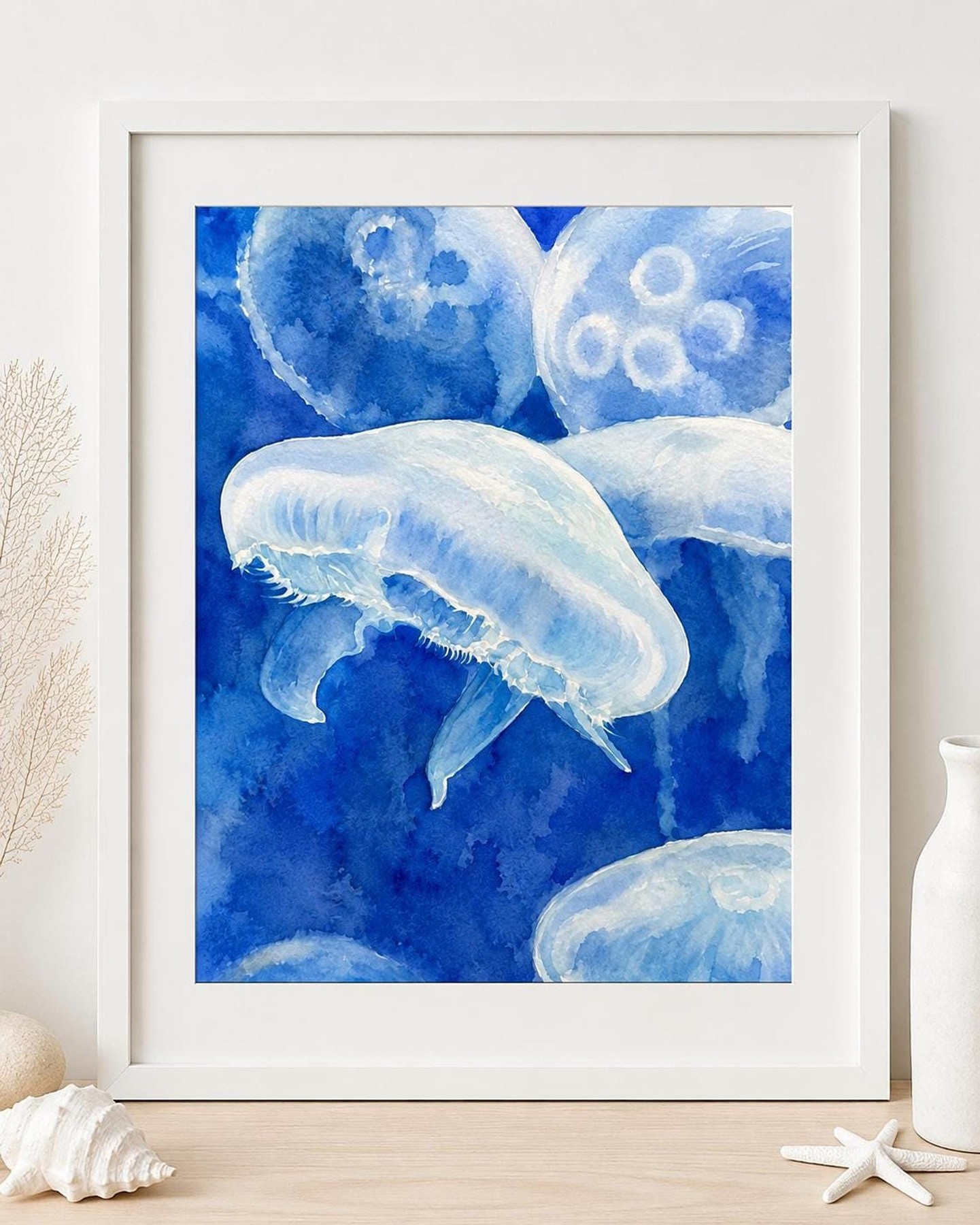 Ocean Lover Art, Blue Jellyfish Watercolor Print on Archival Matte Linen Paper, detail 2
