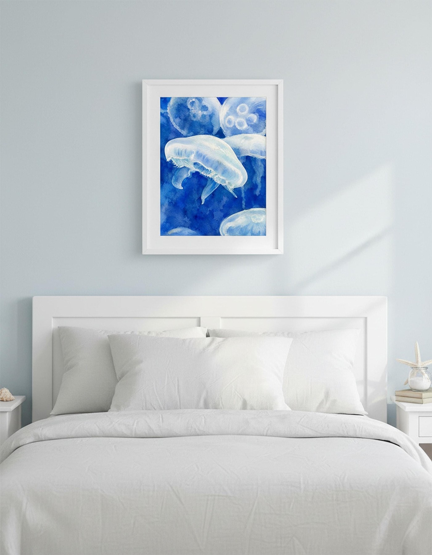 Ocean Lover Art, Blue Jellyfish Watercolor Print on Archival Matte Linen Paper, detail 3