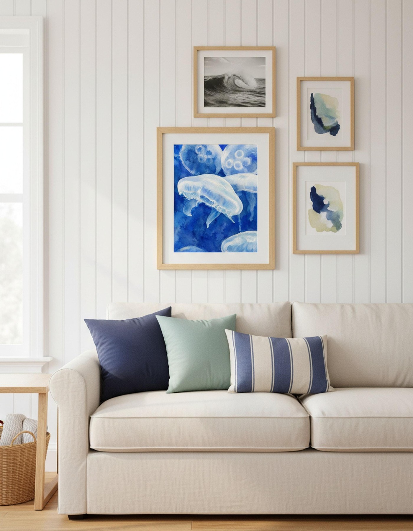 Ocean Lover Art, Blue Jellyfish Watercolor Print on Archival Matte Linen Paper, detail 5