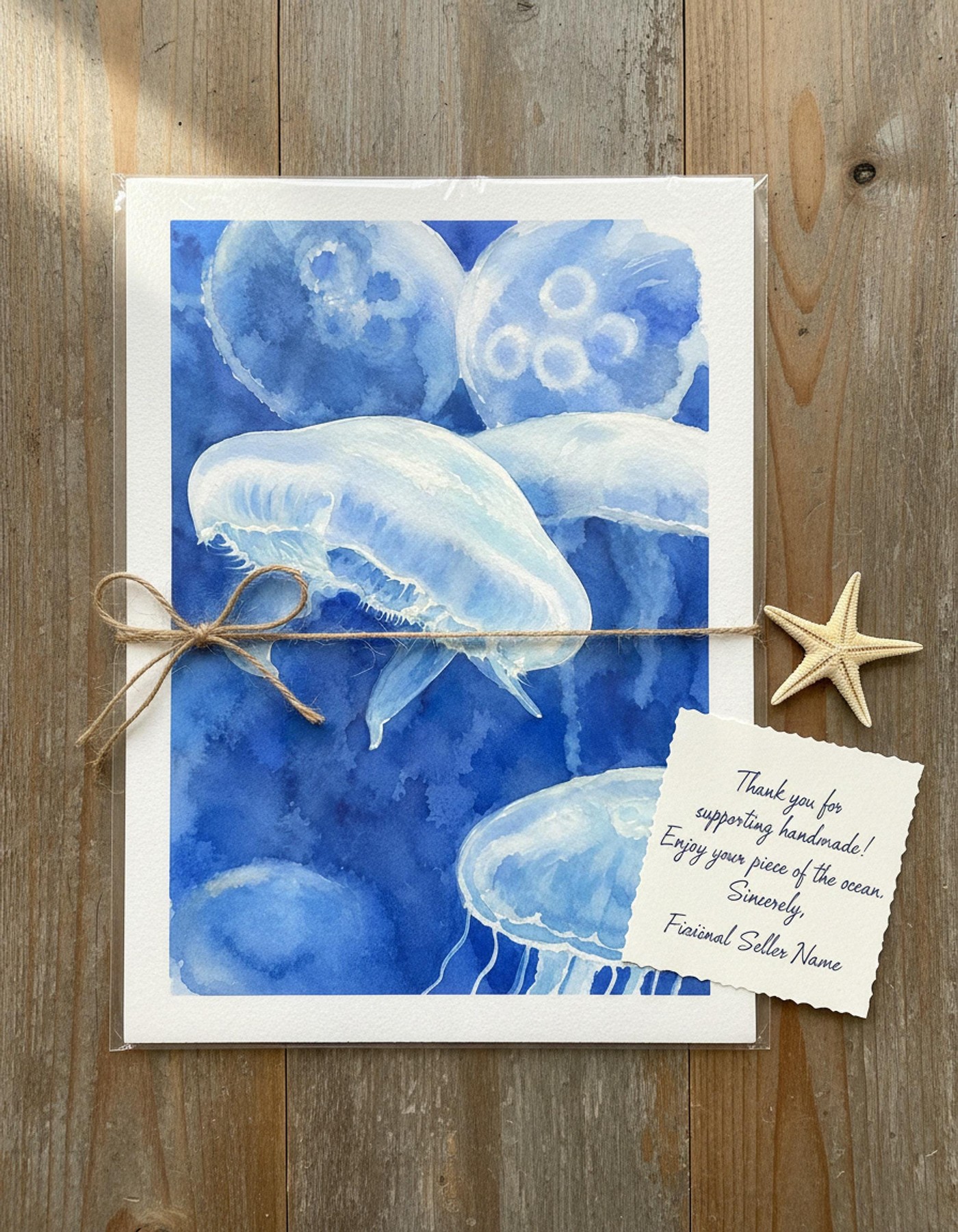Ocean Lover Art, Blue Jellyfish Watercolor Print on Archival Matte Linen Paper, detail 6
