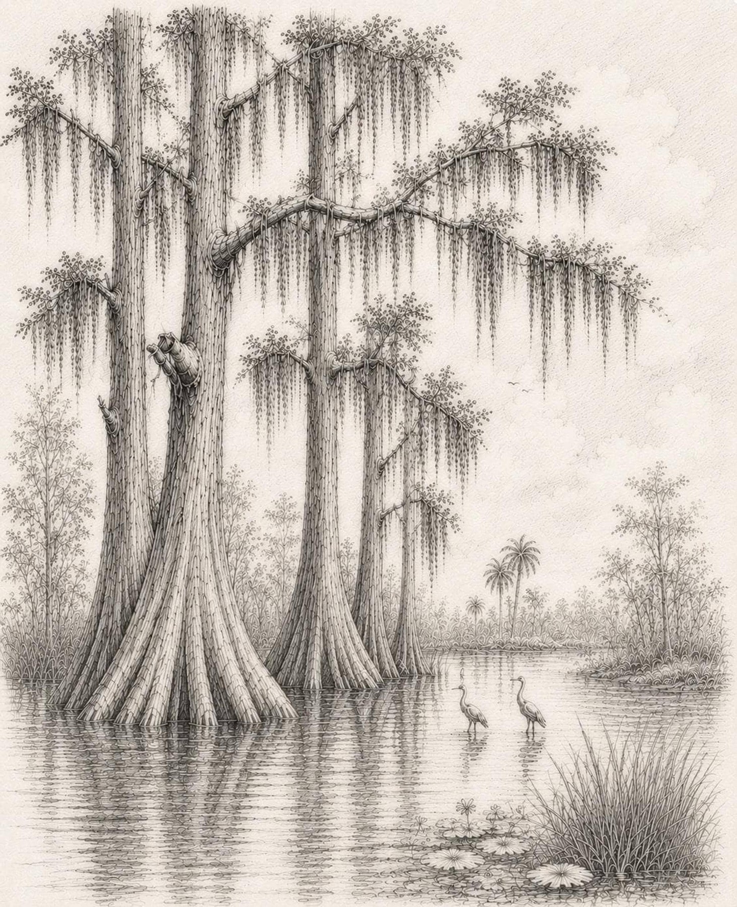 Cypress Tree Art Print, Vintage Florida Nature Sketch