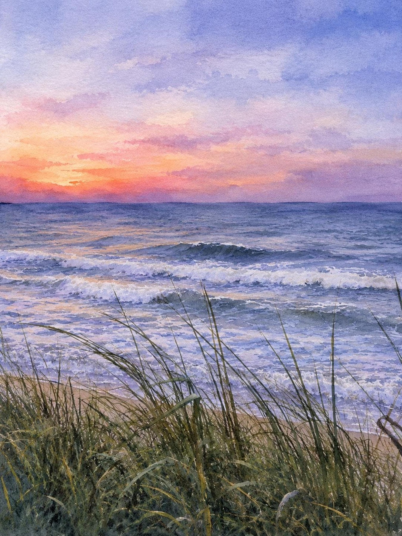 Beach Sunset Print, Watercolor Ocean Art on Matte Linen Paper