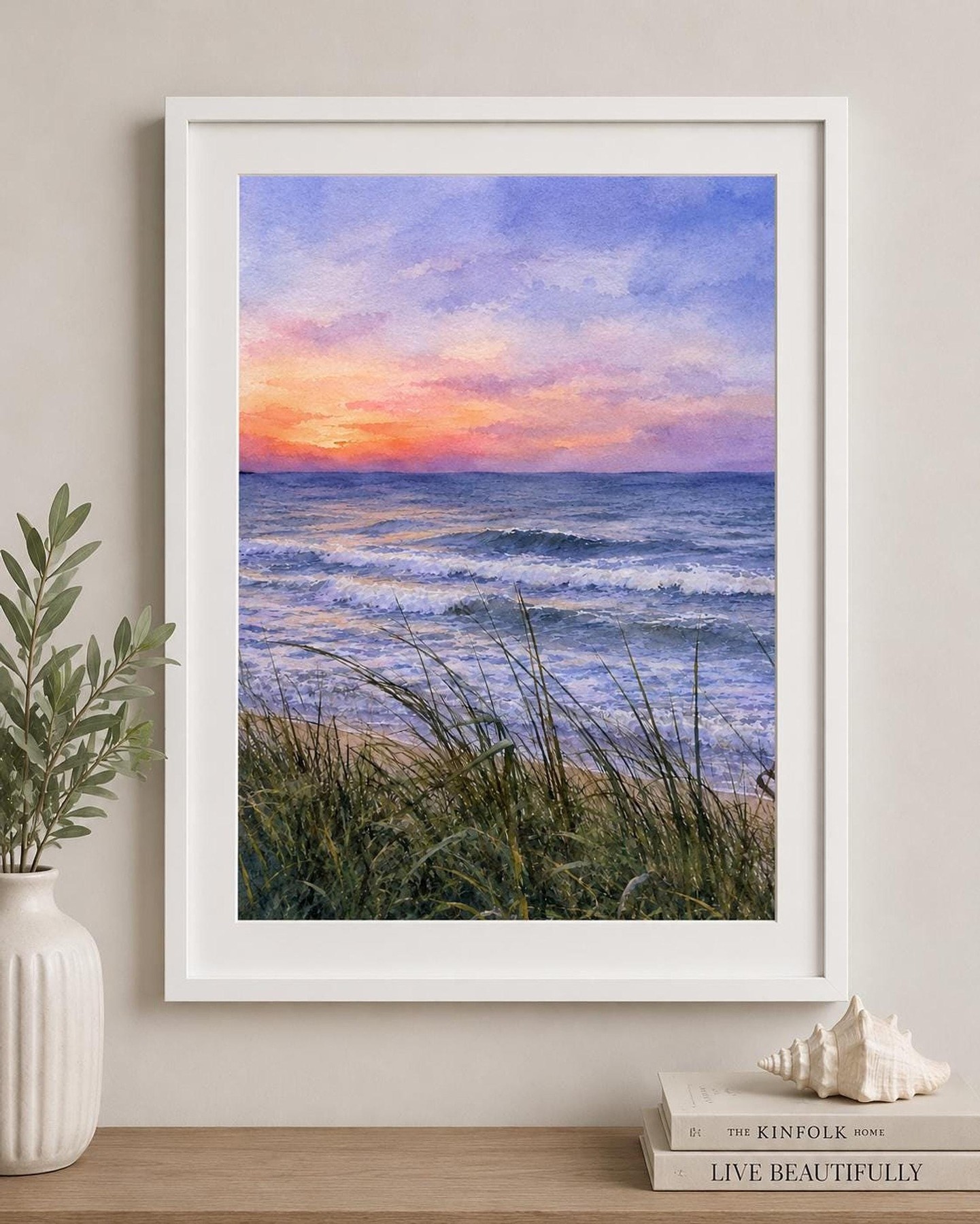Beach Sunset Print, Watercolor Ocean Art on Matte Linen Paper, detail 2