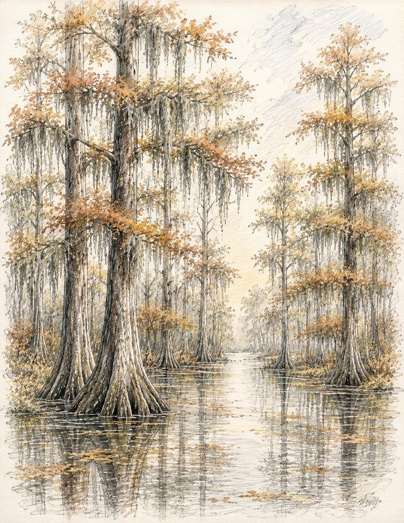 Vintage Florida Wetlands Art Print, Fall Nature Decor with Cypress Trees