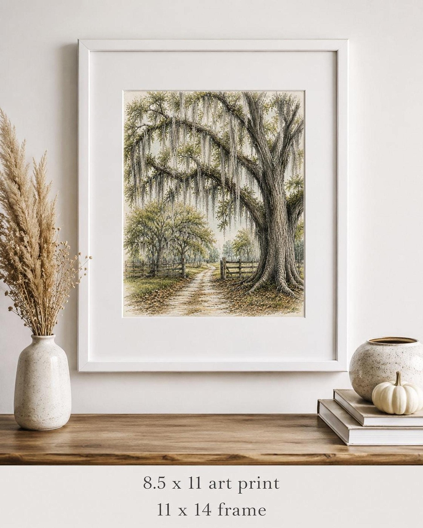 Florida Wetlands Live Oak Tree Art, Vintage Sketch of Spanish Moss, detail 2