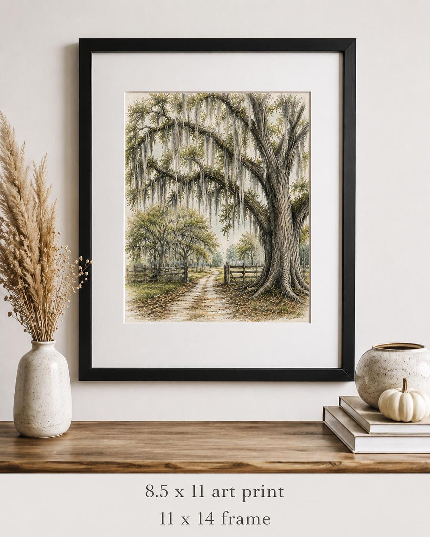 Florida Wetlands Live Oak Tree Art, Vintage Sketch of Spanish Moss, detail 3