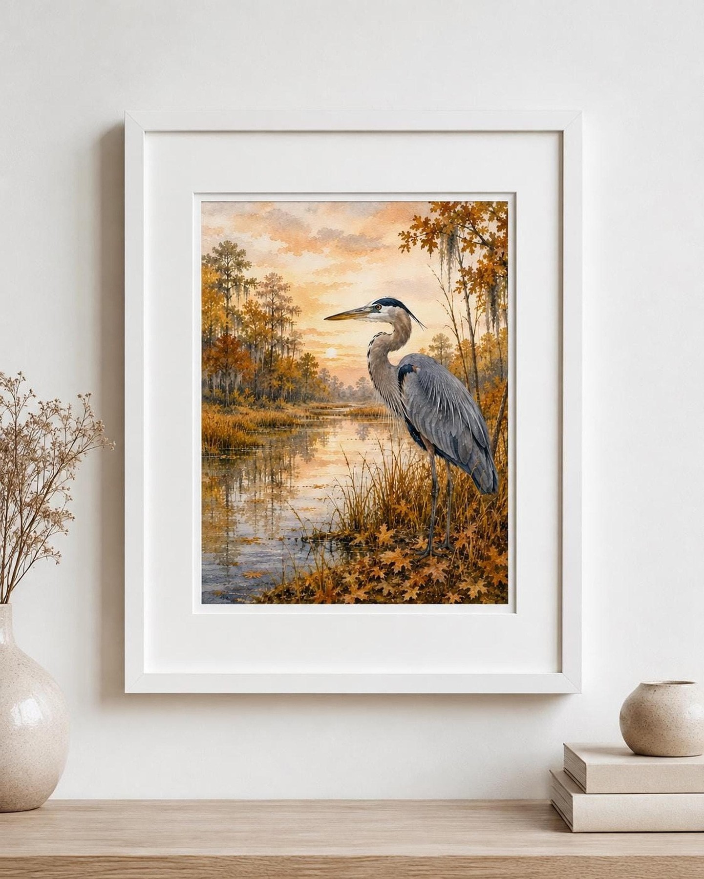Great Blue Heron Watercolor Print, Autumn Wetland Wall Art, detail 2