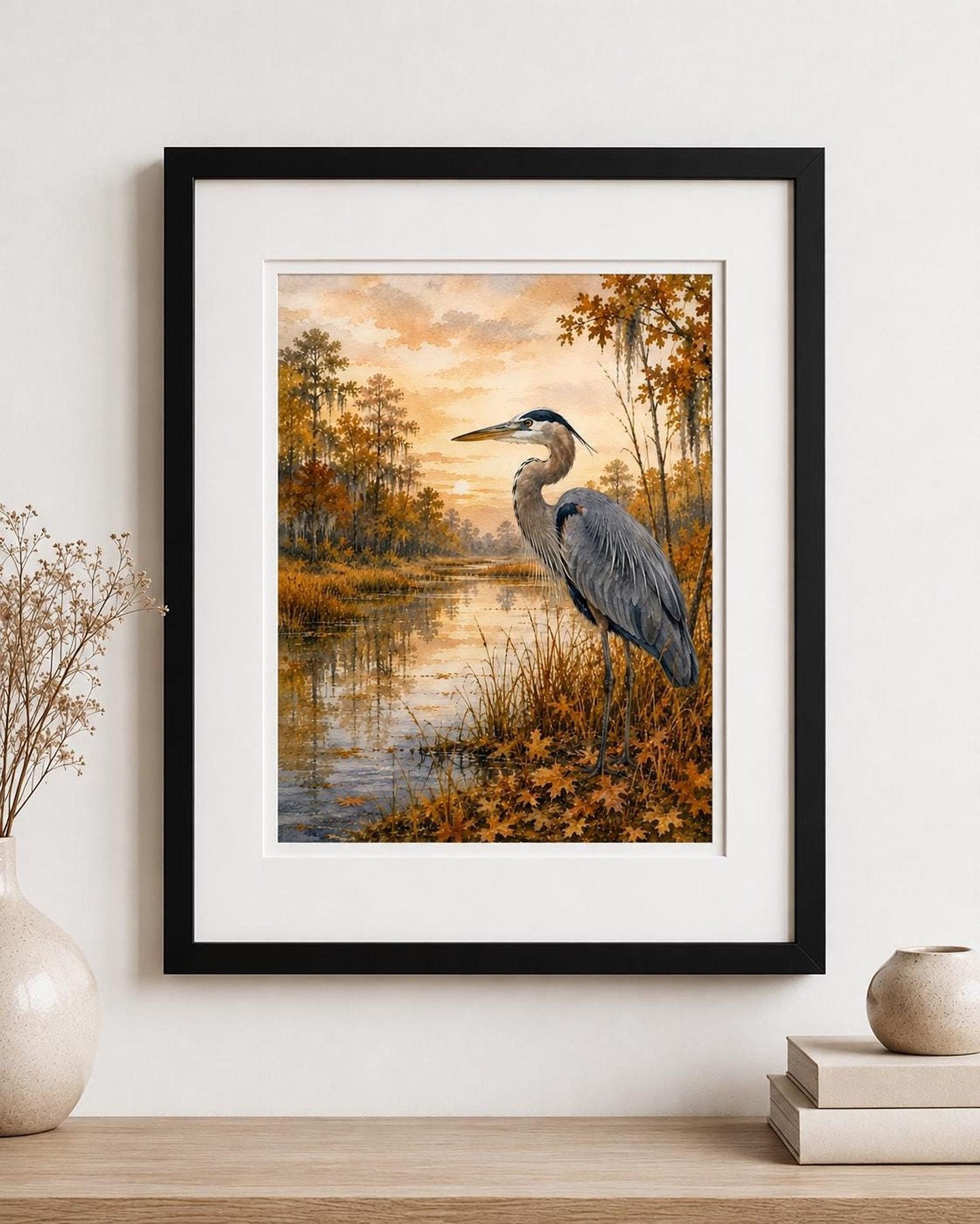 Great Blue Heron Watercolor Print, Autumn Wetland Wall Art, detail 3