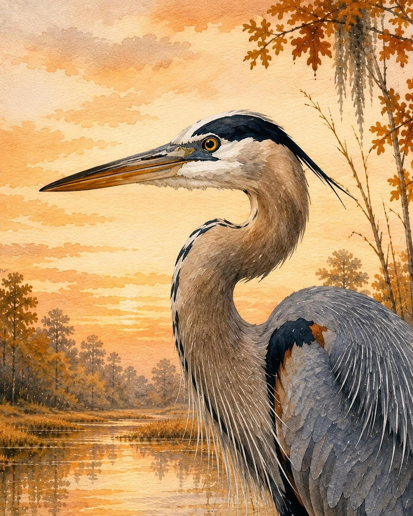 Great Blue Heron Watercolor Print, Autumn Wetland Wall Art, detail 4