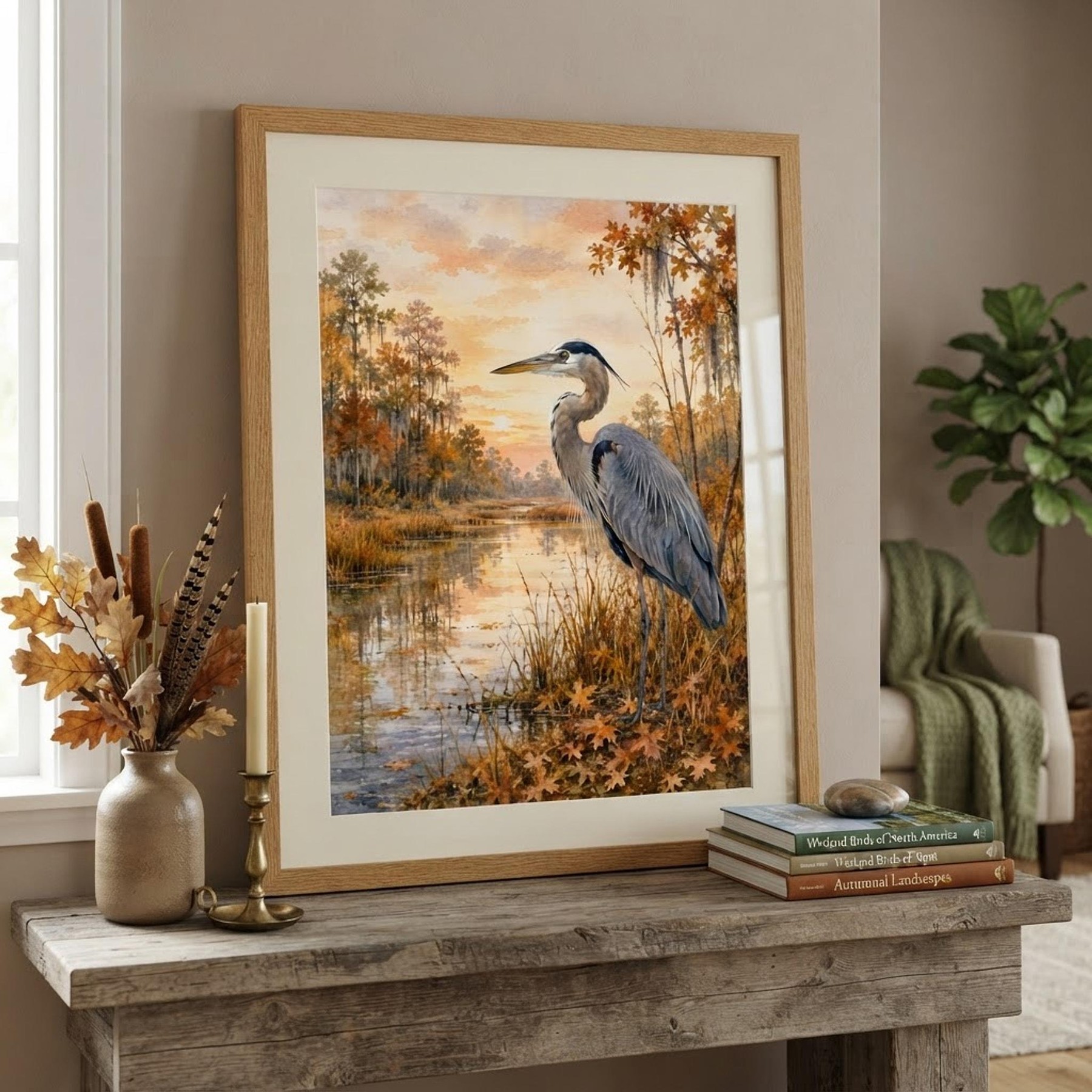 Great Blue Heron Watercolor Print, Autumn Wetland Wall Art, detail 5