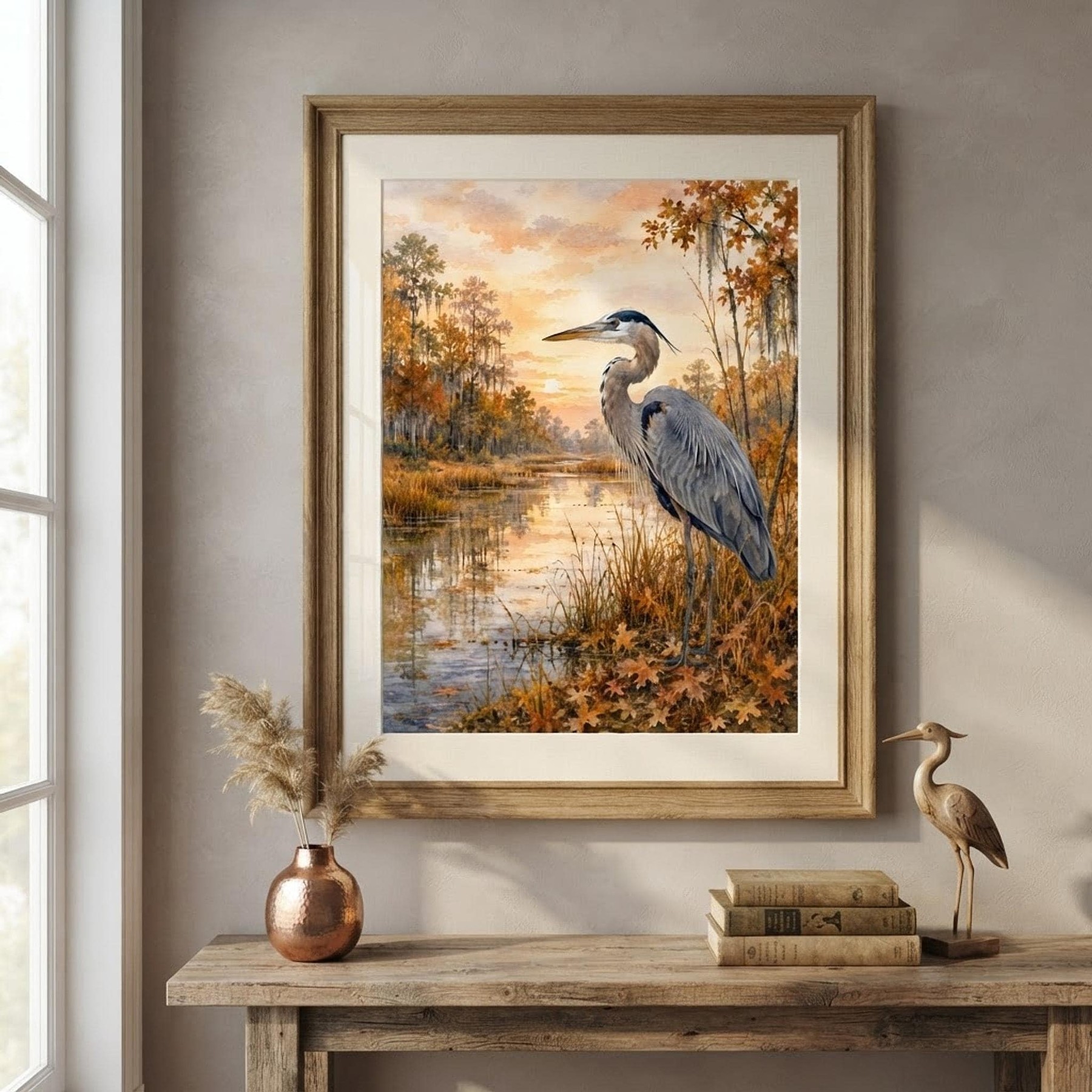 Great Blue Heron Watercolor Print, Autumn Wetland Wall Art, detail 6