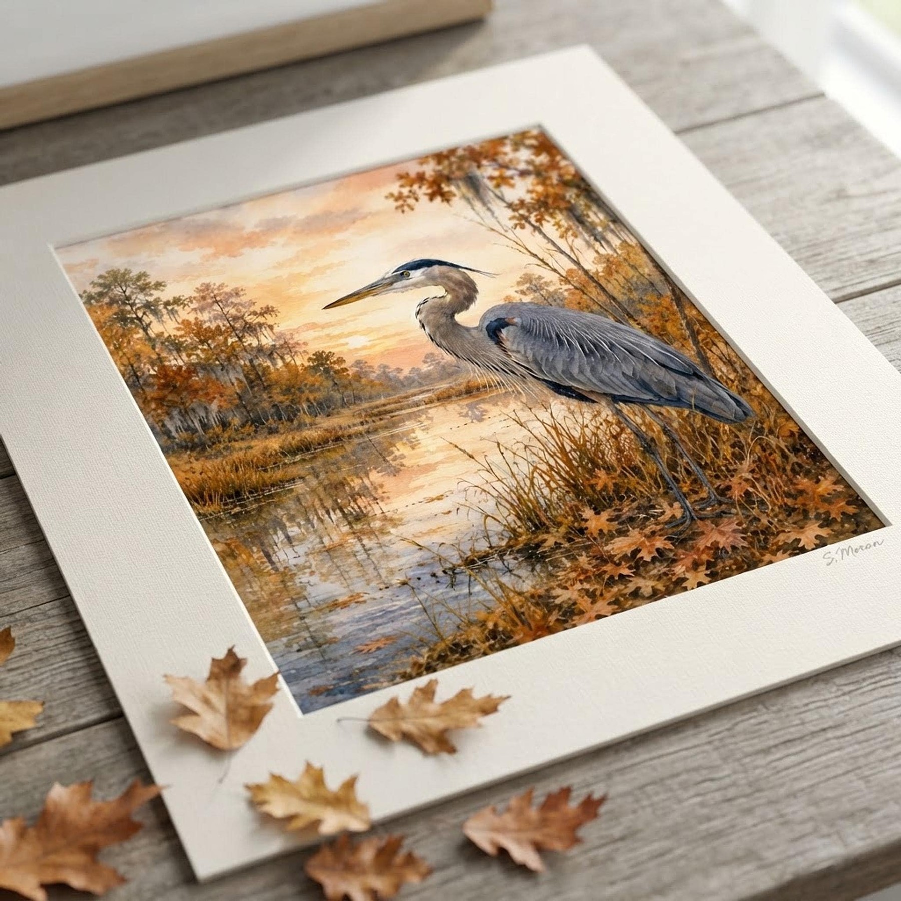 Great Blue Heron Watercolor Print, Autumn Wetland Wall Art, detail 7