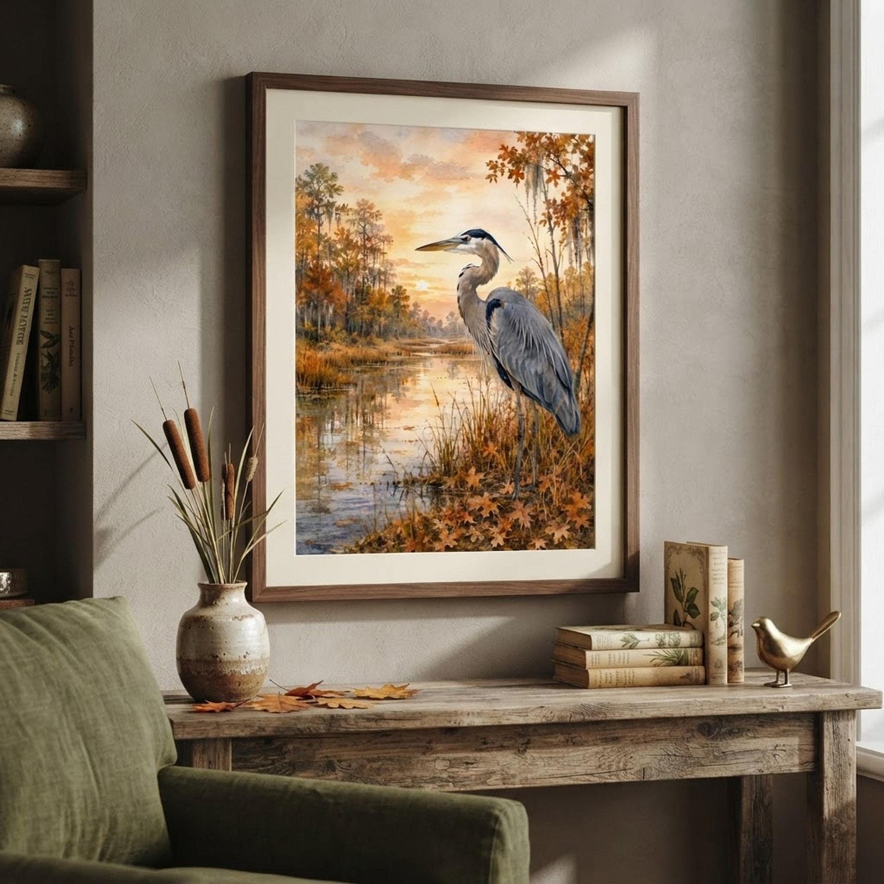 Great Blue Heron Watercolor Print, Autumn Wetland Wall Art, detail 8