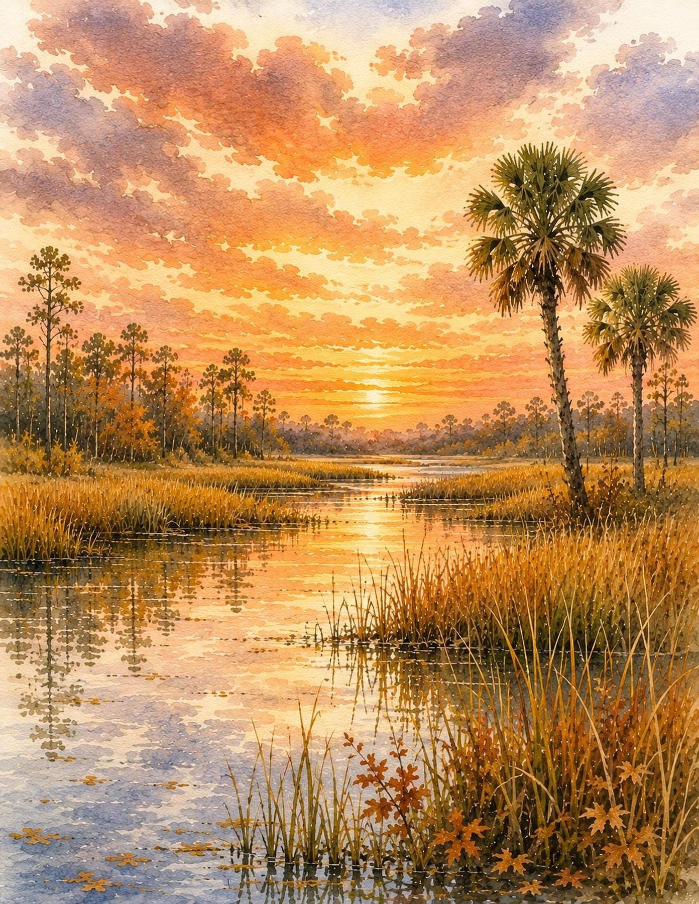 Marsh Landscape Art, Watercolor Sunset Print with Palms and Reflections