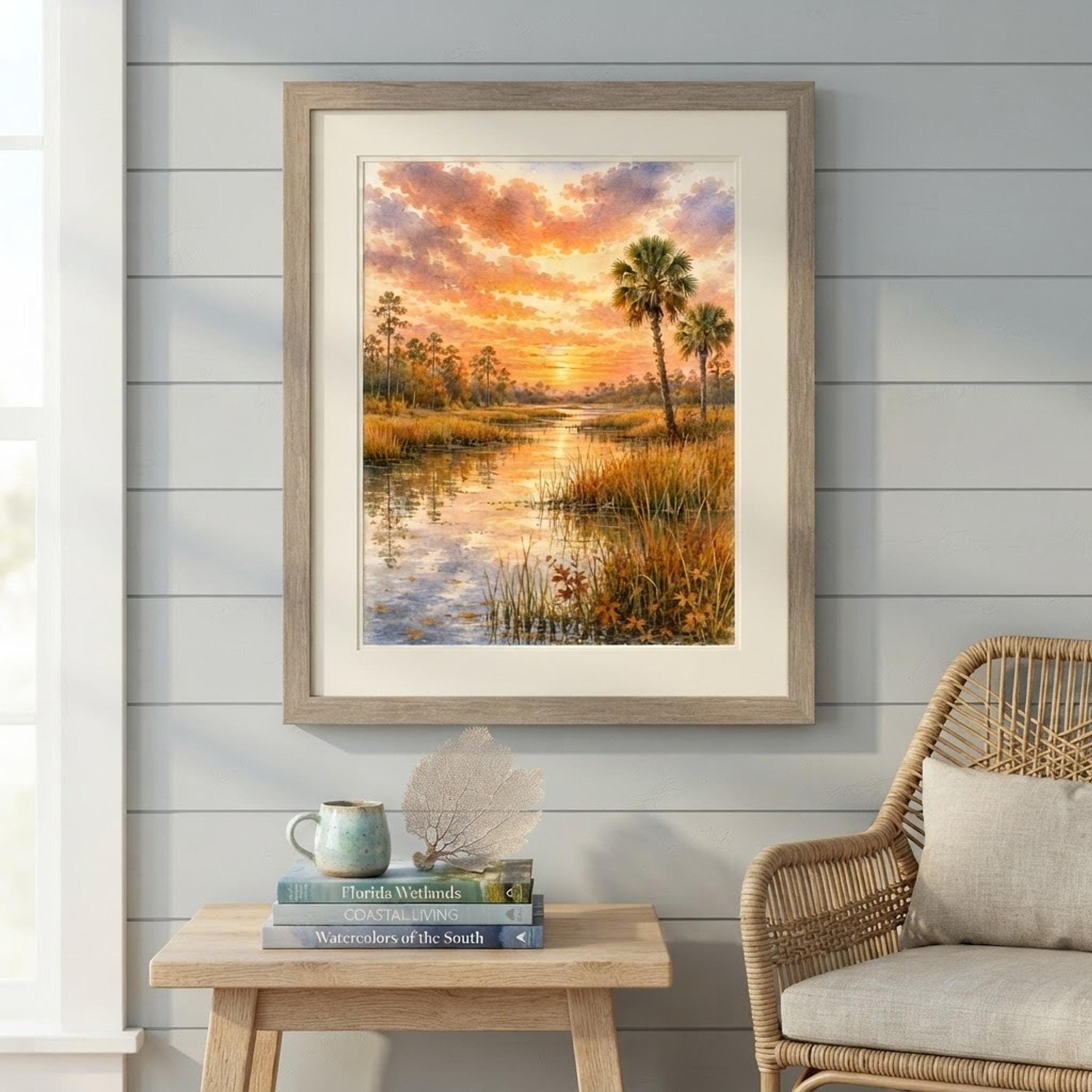 Marsh Landscape Art, Watercolor Sunset Print with Palms and Reflections, detail 10