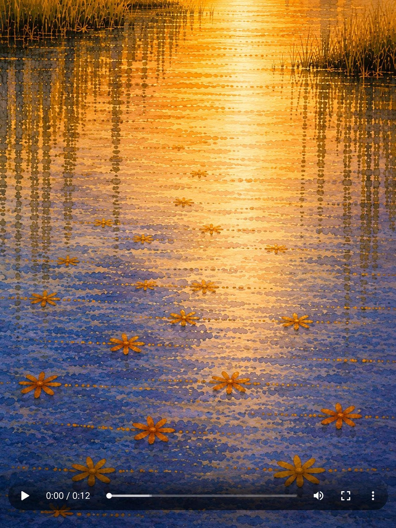 Marsh Landscape Art, Watercolor Sunset Print with Palms and Reflections, detail 2
