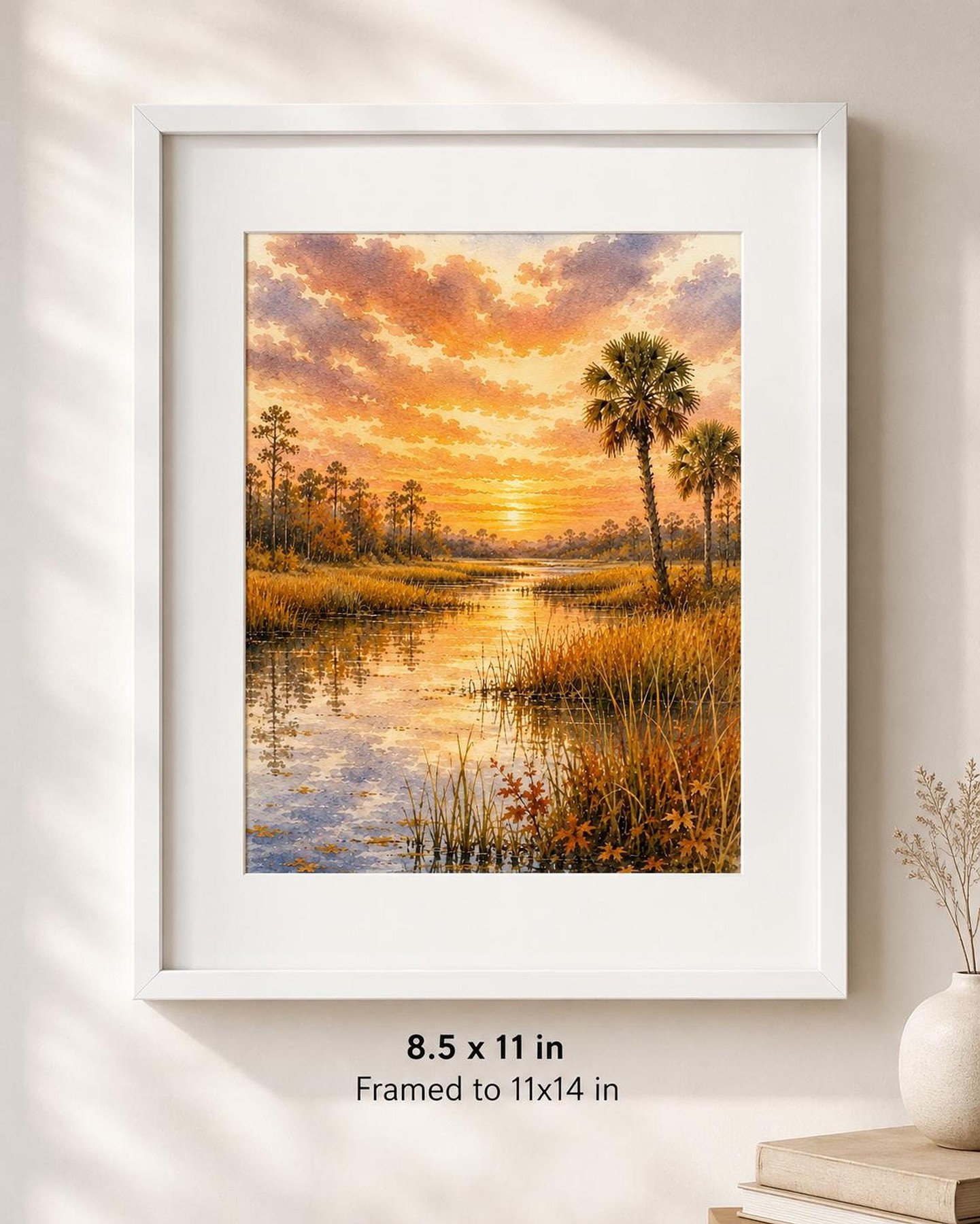 Marsh Landscape Art, Watercolor Sunset Print with Palms and Reflections, detail 3