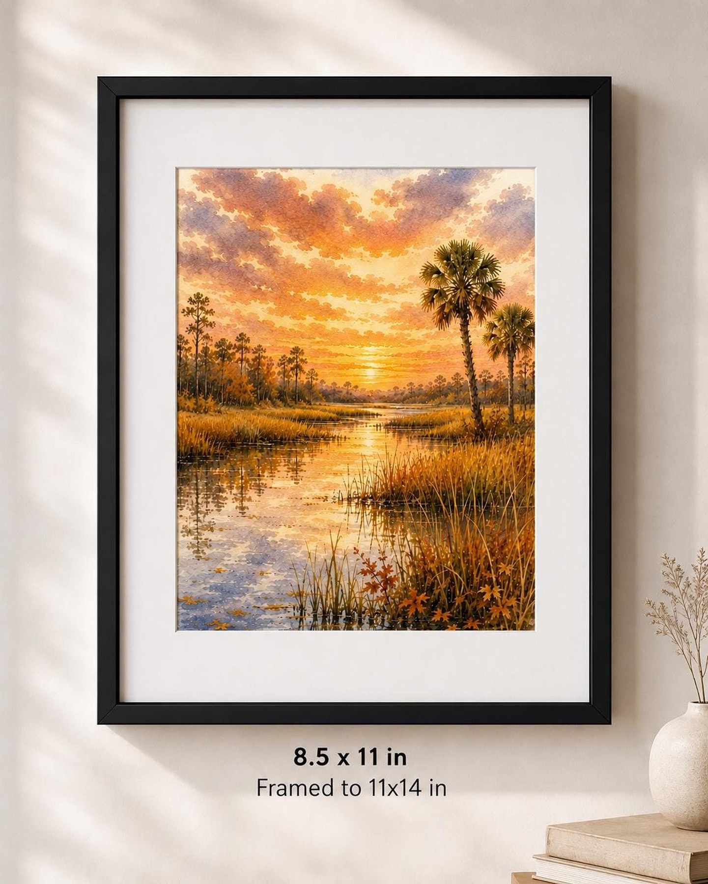 Marsh Landscape Art, Watercolor Sunset Print with Palms and Reflections, detail 4