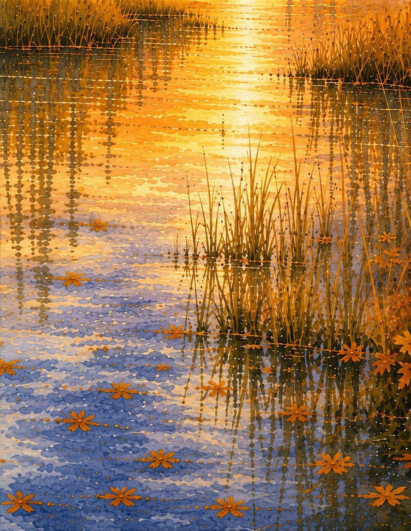 Marsh Landscape Art, Watercolor Sunset Print with Palms and Reflections, detail 5