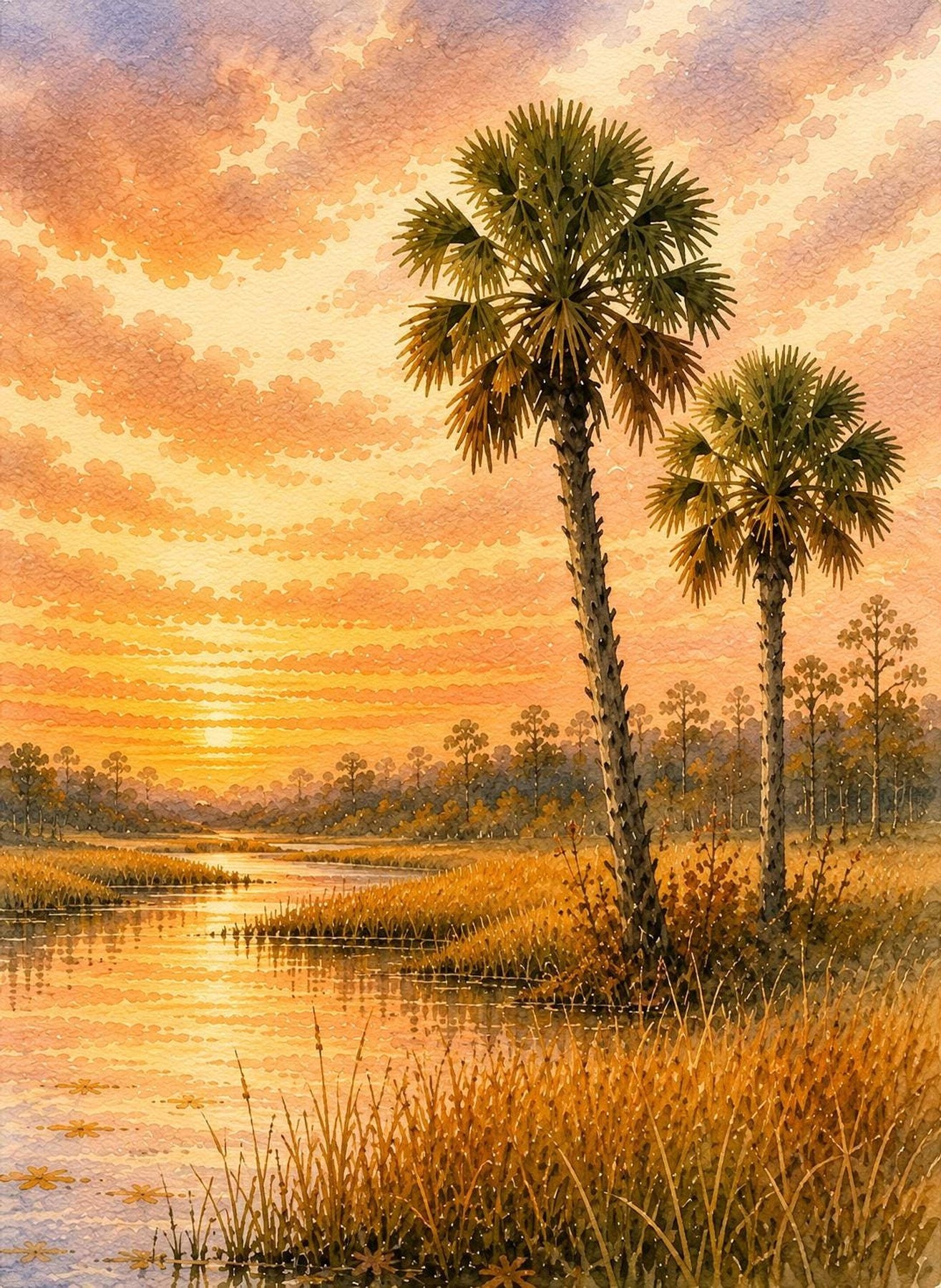 Marsh Landscape Art, Watercolor Sunset Print with Palms and Reflections, detail 6