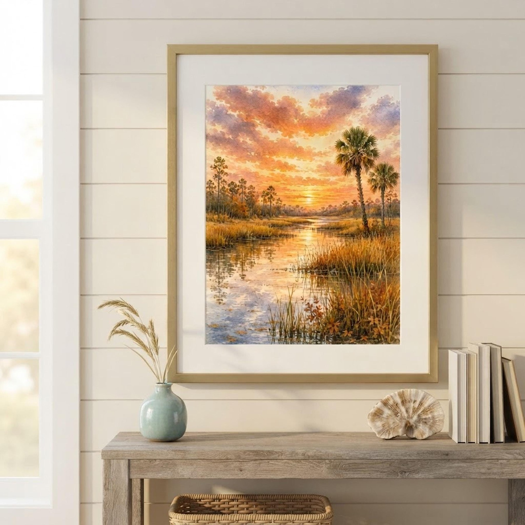 Marsh Landscape Art, Watercolor Sunset Print with Palms and Reflections, detail 7