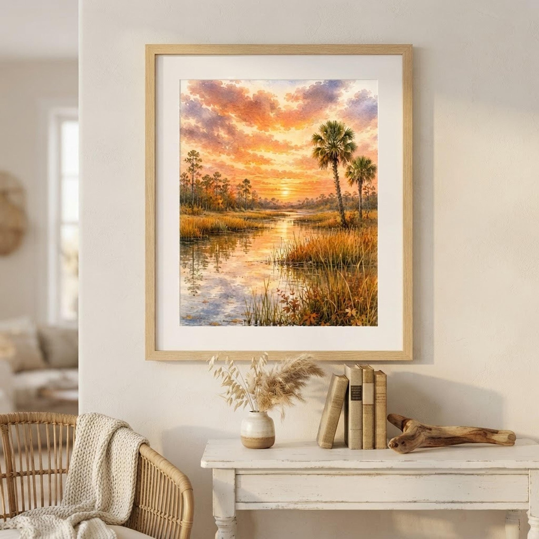 Marsh Landscape Art, Watercolor Sunset Print with Palms and Reflections, detail 8