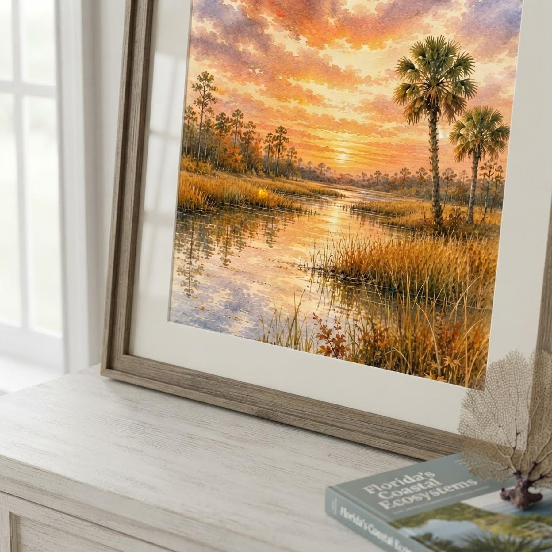 Marsh Landscape Art, Watercolor Sunset Print with Palms and Reflections, detail 9