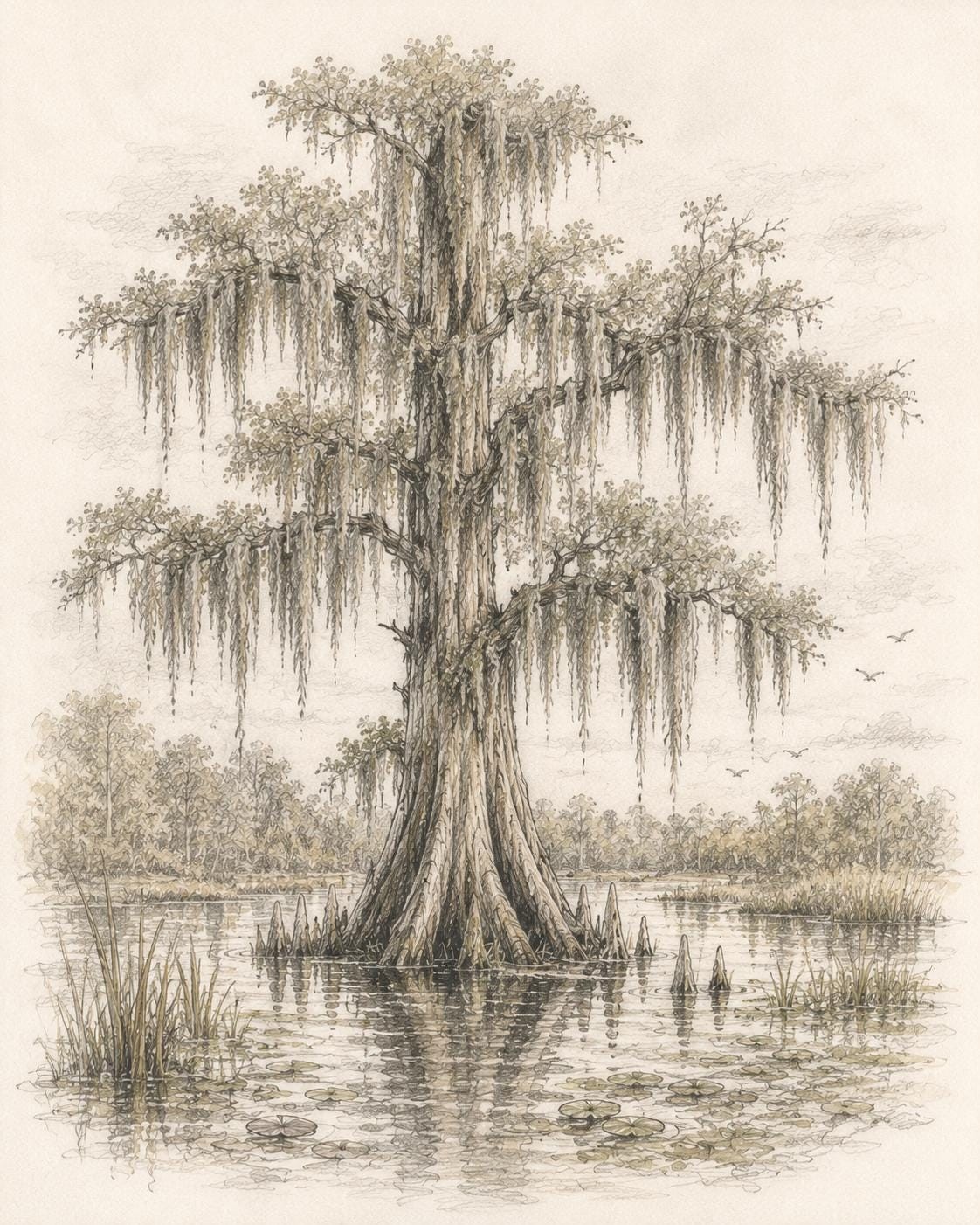 Florida Cypress Tree Sketch Print Vintage Wetlands Wall Art Cypress Tree with Spanish Moss Southern Landscape