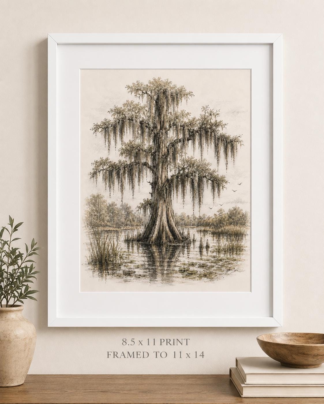 Florida Cypress Tree Sketch Print Vintage Wetlands Wall Art Cypress Tree with Spanish Moss Southern Landscape, detail 2