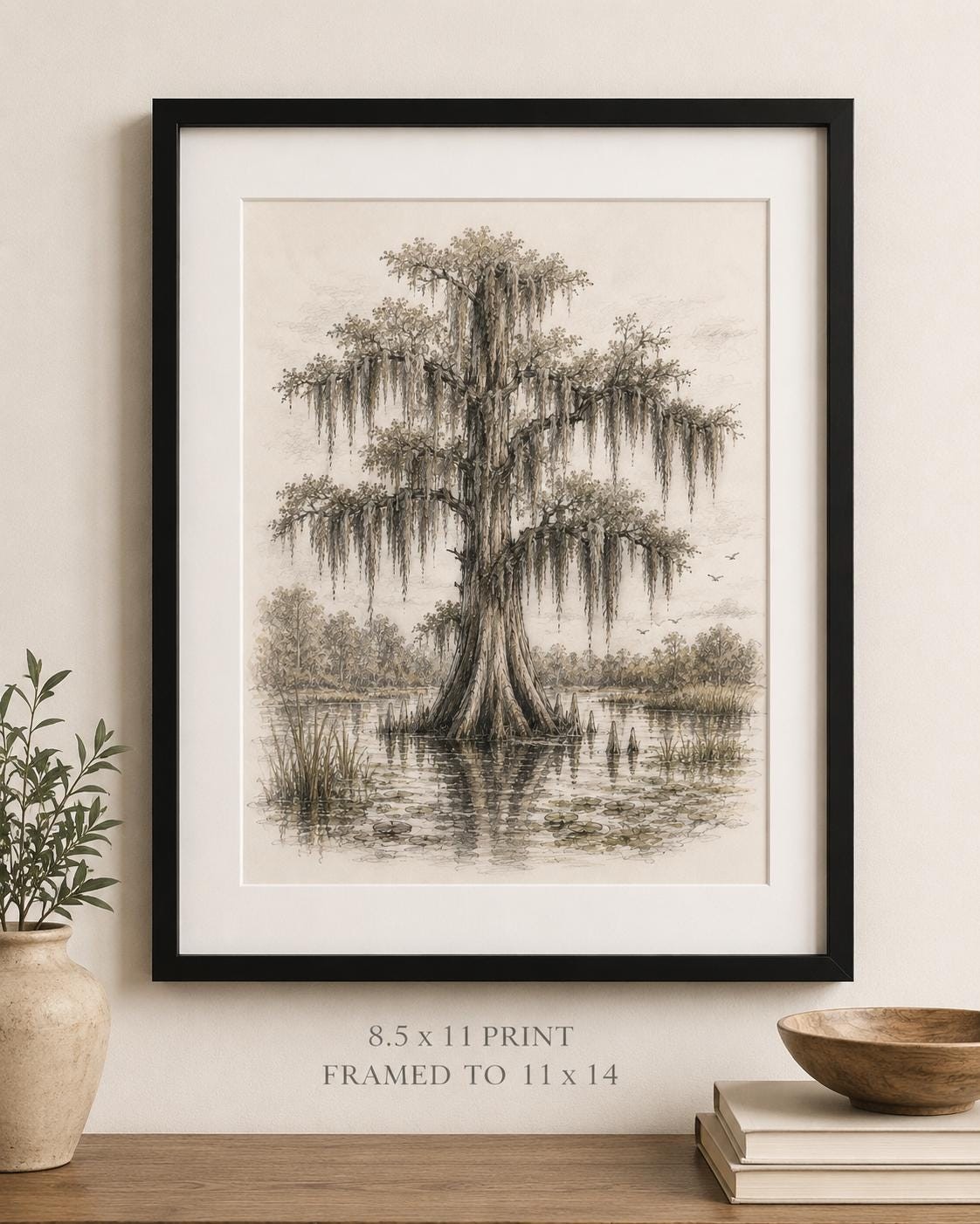 Florida Cypress Tree Sketch Print Vintage Wetlands Wall Art Cypress Tree with Spanish Moss Southern Landscape, detail 3