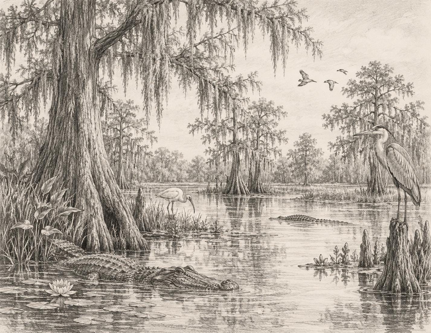 Florida Swamp Wall Art Vintage Florida Sketch Alligator and Heron