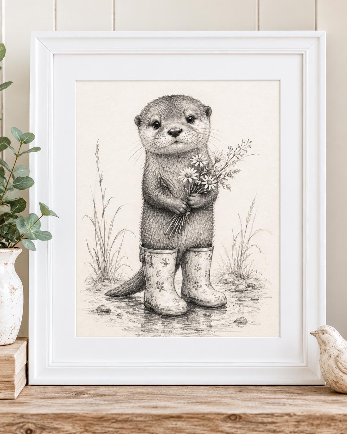 Otter Wall Art Print Cute Woodland Animal Art Otter in Rain Boots Cottagecore Nursery Decor Whimsical Nature Print, detail 2