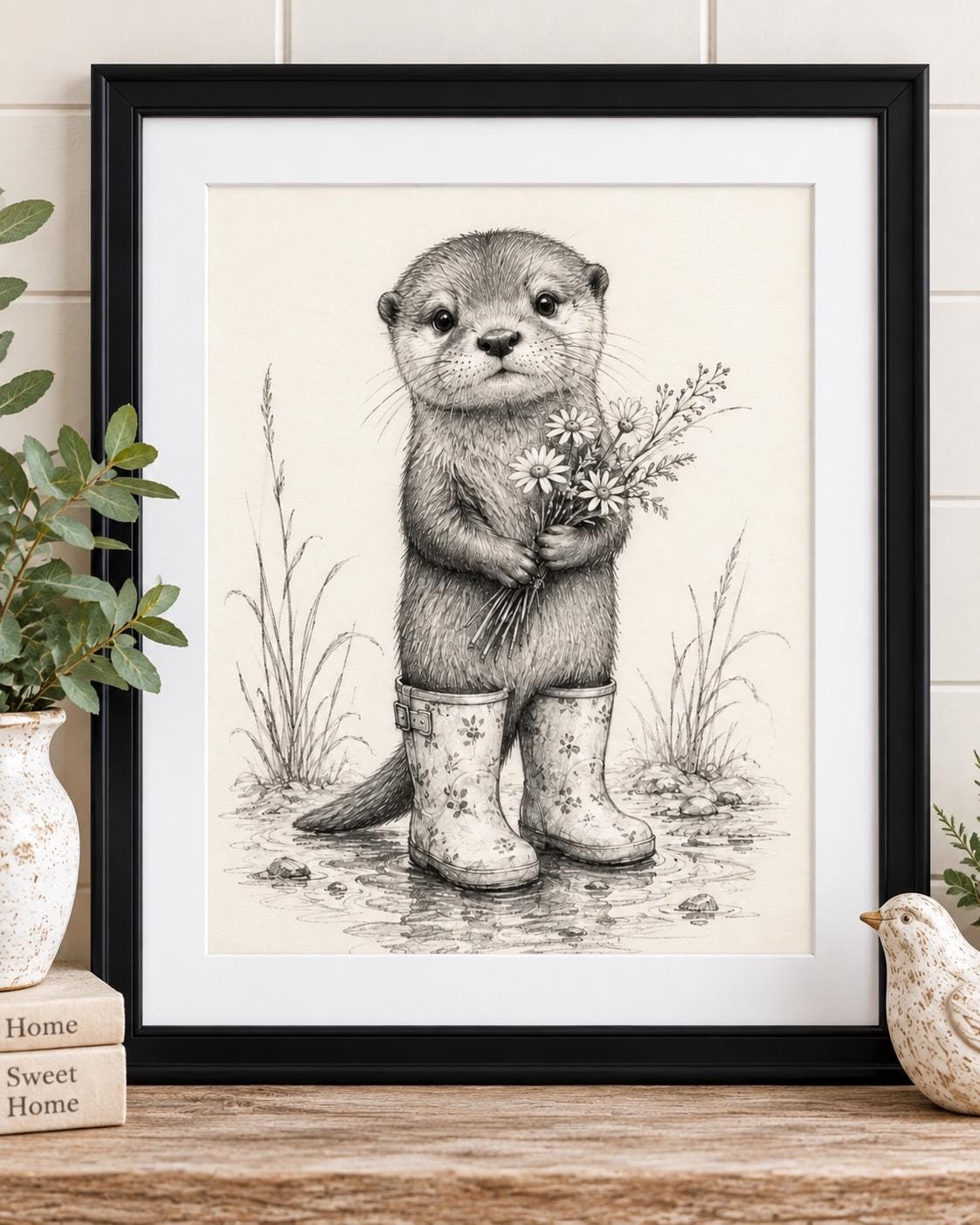 Otter Wall Art Print Cute Woodland Animal Art Otter in Rain Boots Cottagecore Nursery Decor Whimsical Nature Print, detail 3