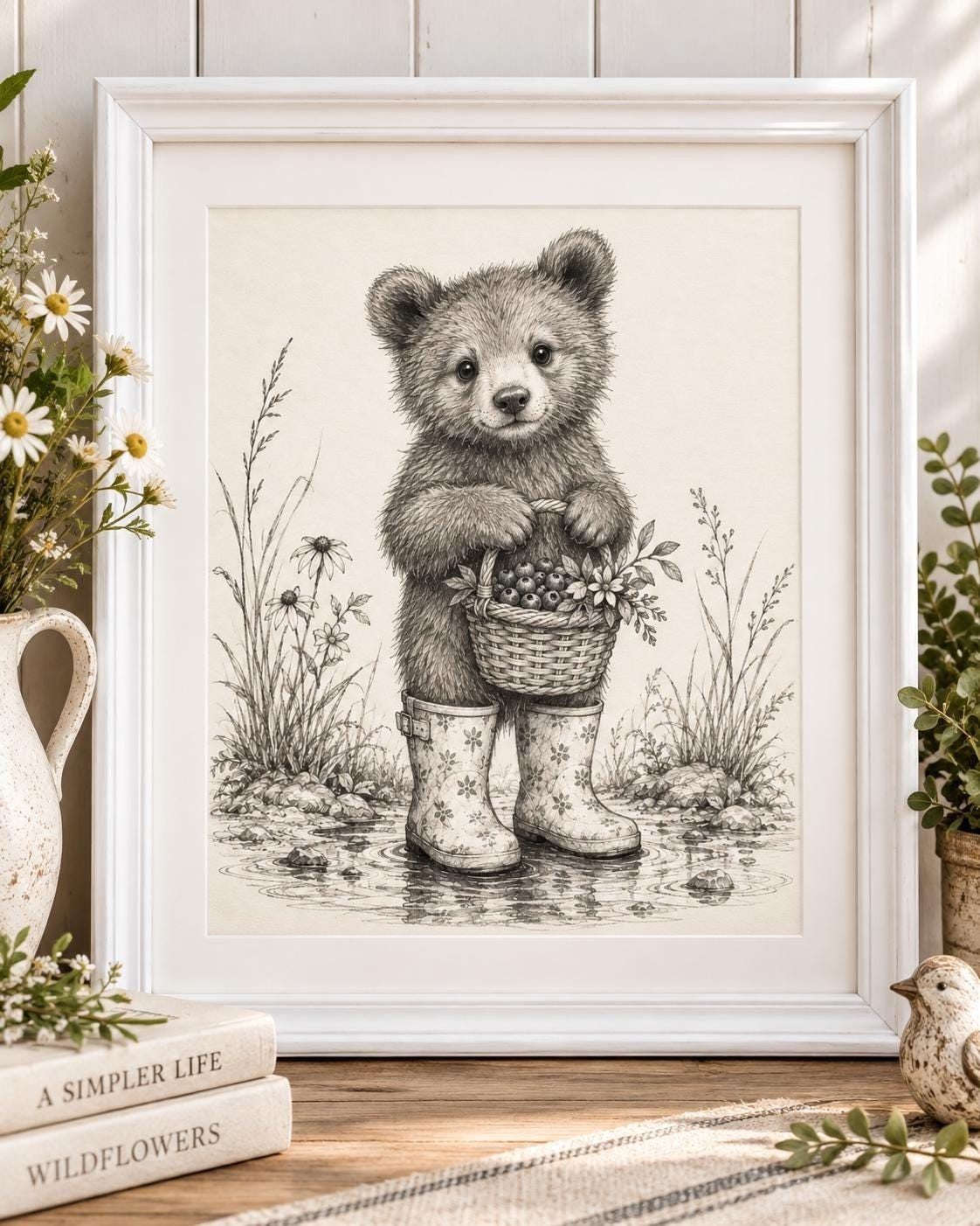 Baby bear Wall Art Print Woodland Nursery Decor Cottegecore Animal Art Rustic Nursery, detail 2