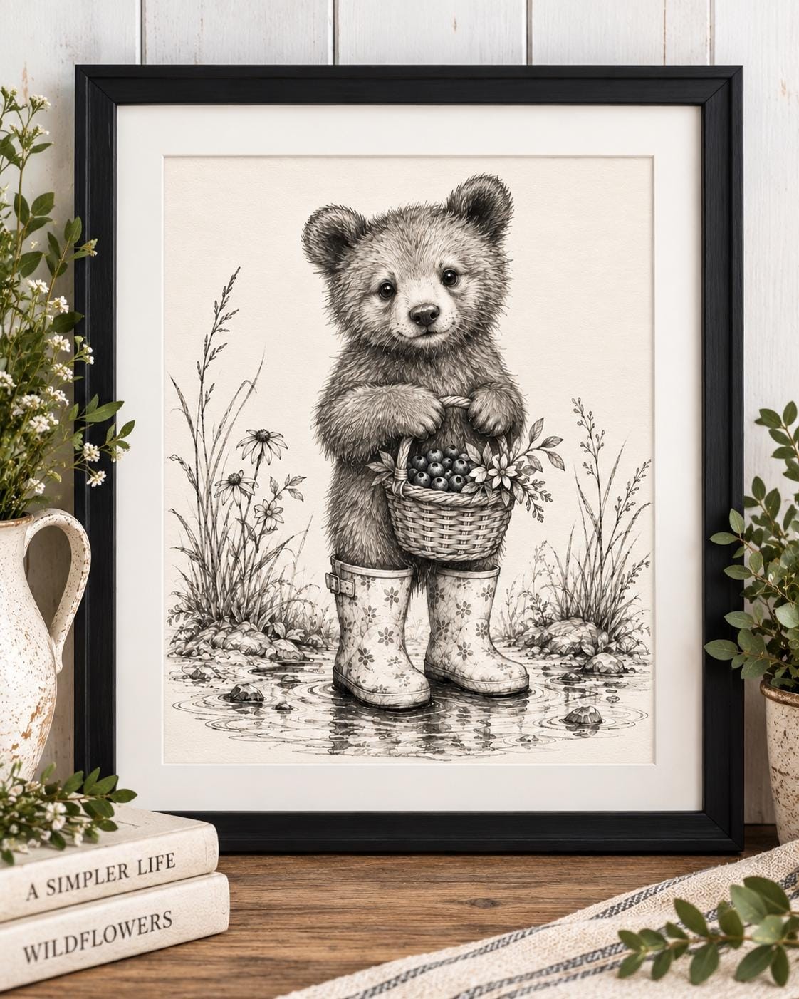 Baby bear Wall Art Print Woodland Nursery Decor Cottegecore Animal Art Rustic Nursery, detail 3