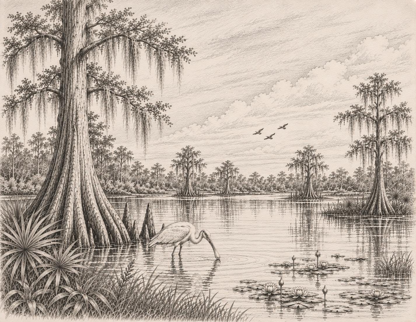 Florida Wetlands Wall Art Vintage Wetlands Wall Print Cypress Pencil Sketch Old Vintage Florida